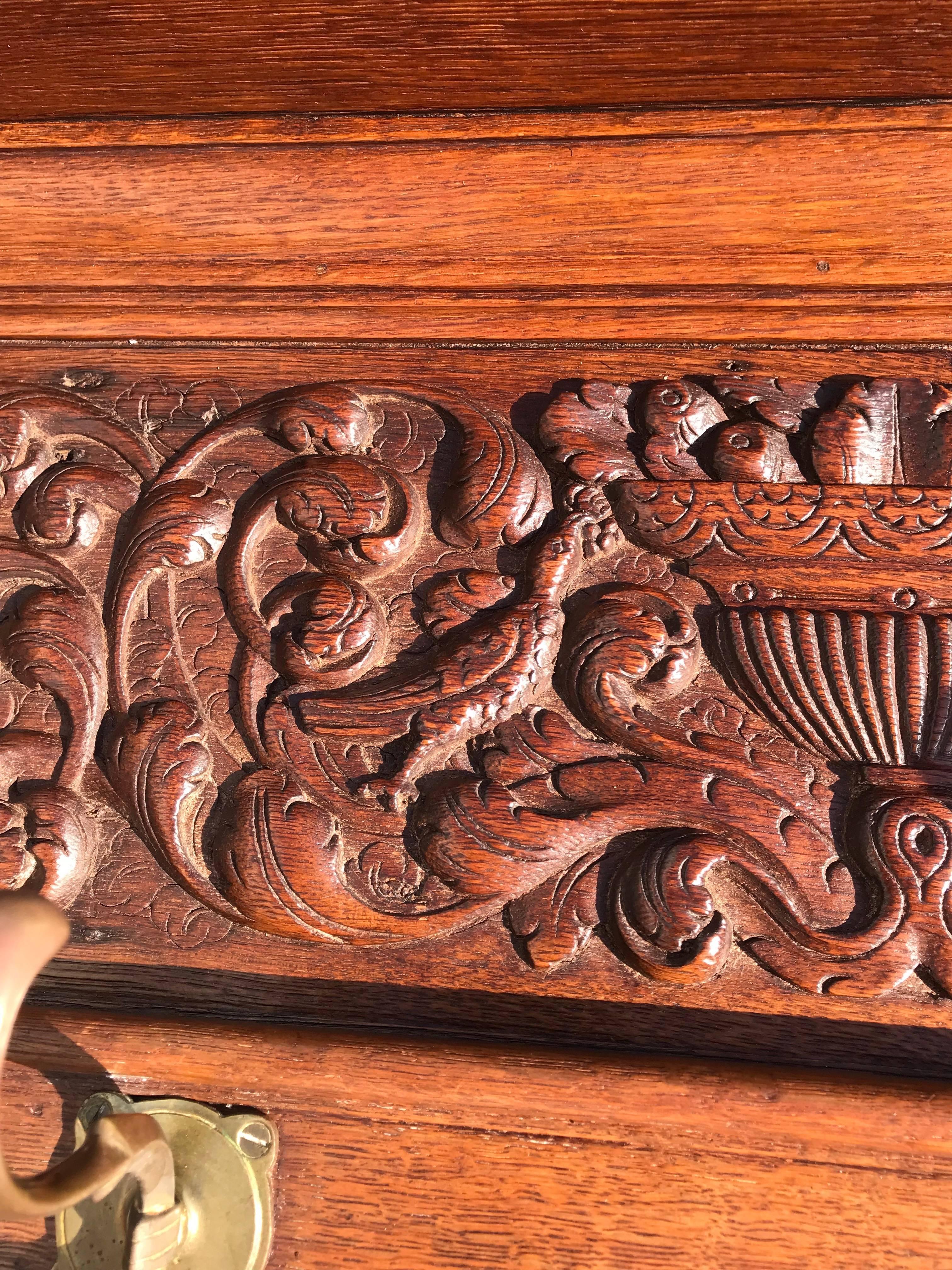 Dutch Antique Hand-Carved Neoclassical Revival Oak Wall Coat Rack with Mirror