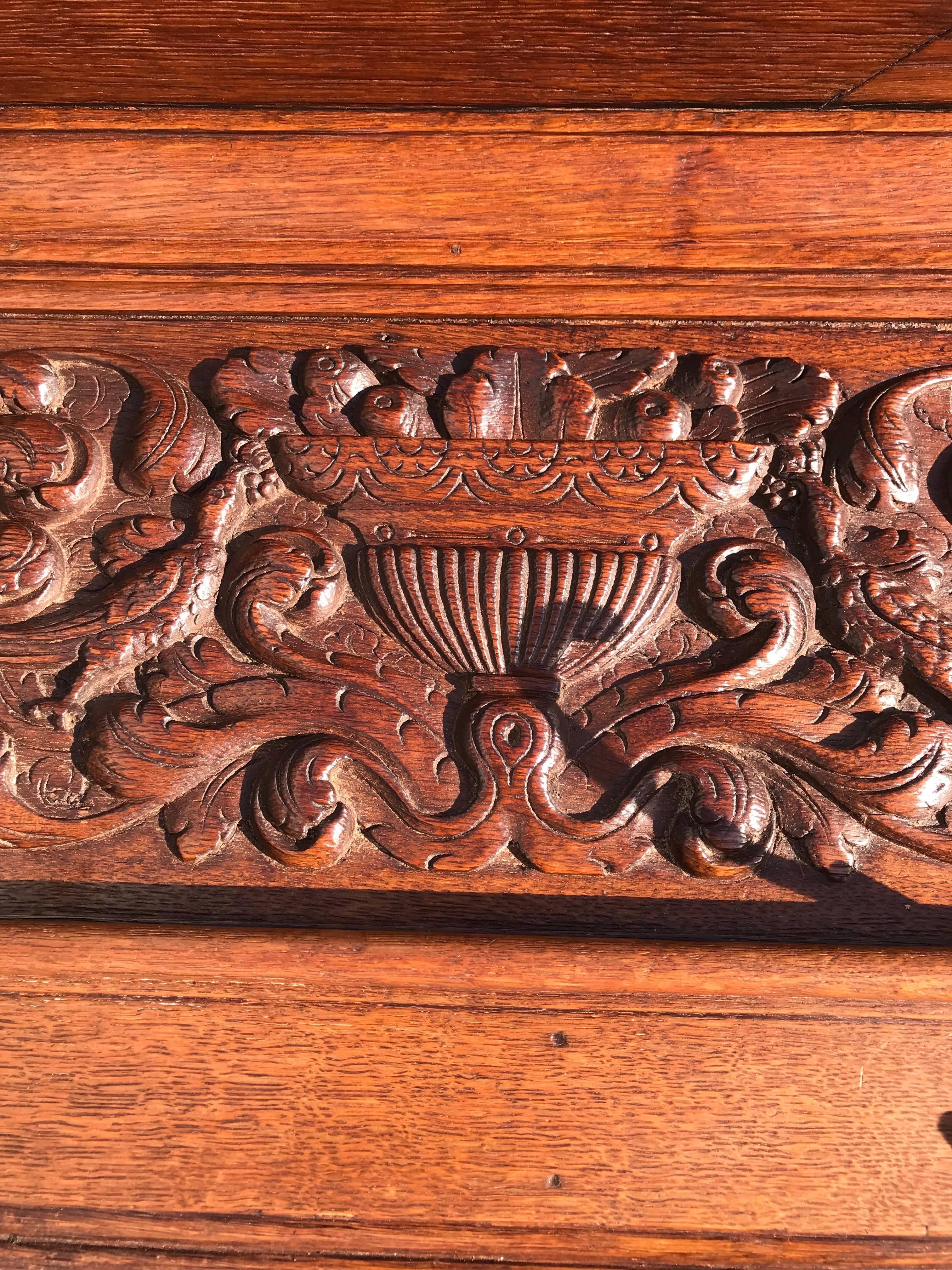 19th Century Antique Hand-Carved Neoclassical Revival Oak Wall Coat Rack with Mirror