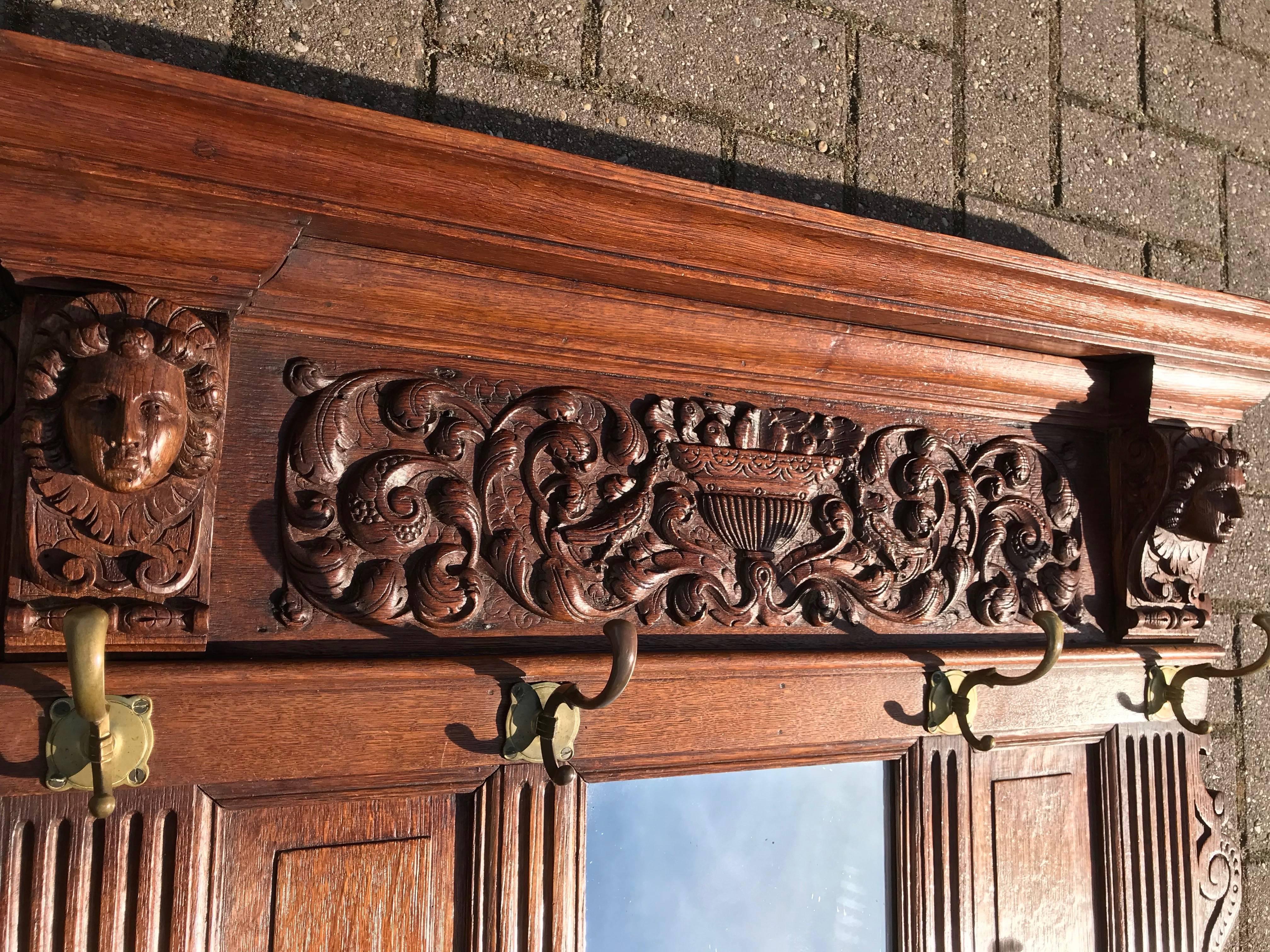 Brass Antique Hand-Carved Neoclassical Revival Oak Wall Coat Rack with Mirror