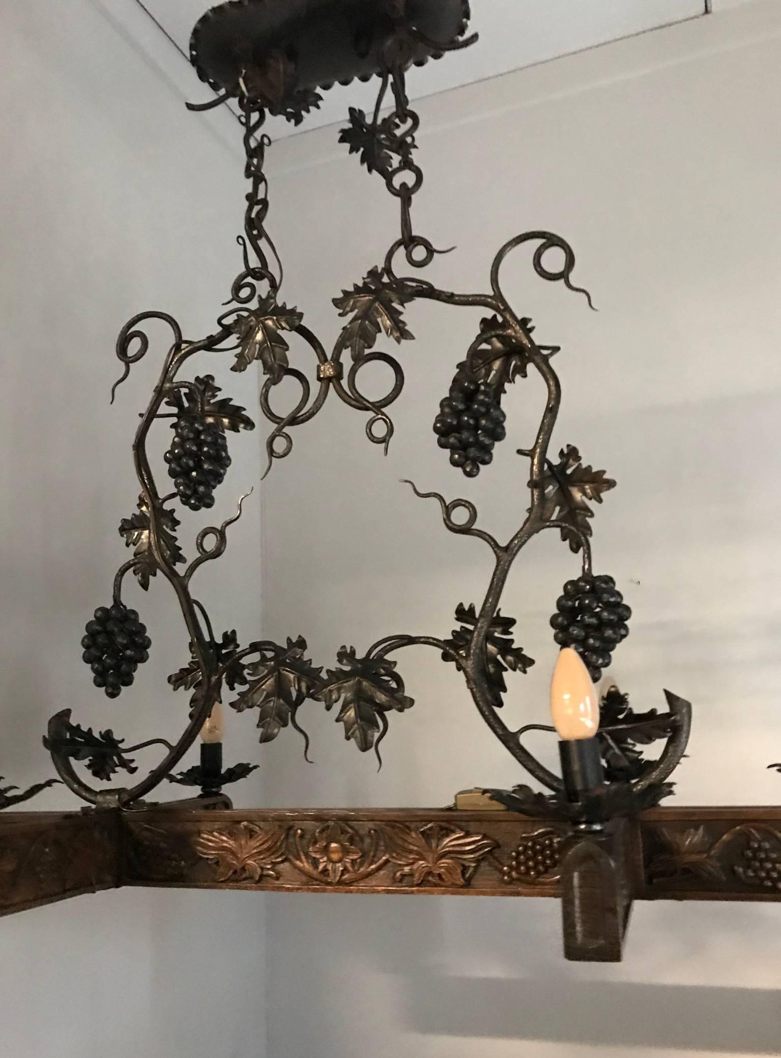 Stunning & Horizontal Wrought Iron Chandelier with Grapes & Hand-Carved Branches 4