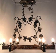 Stunning & Horizontal Wrought Iron Chandelier with Grapes & Hand-Carved Branches