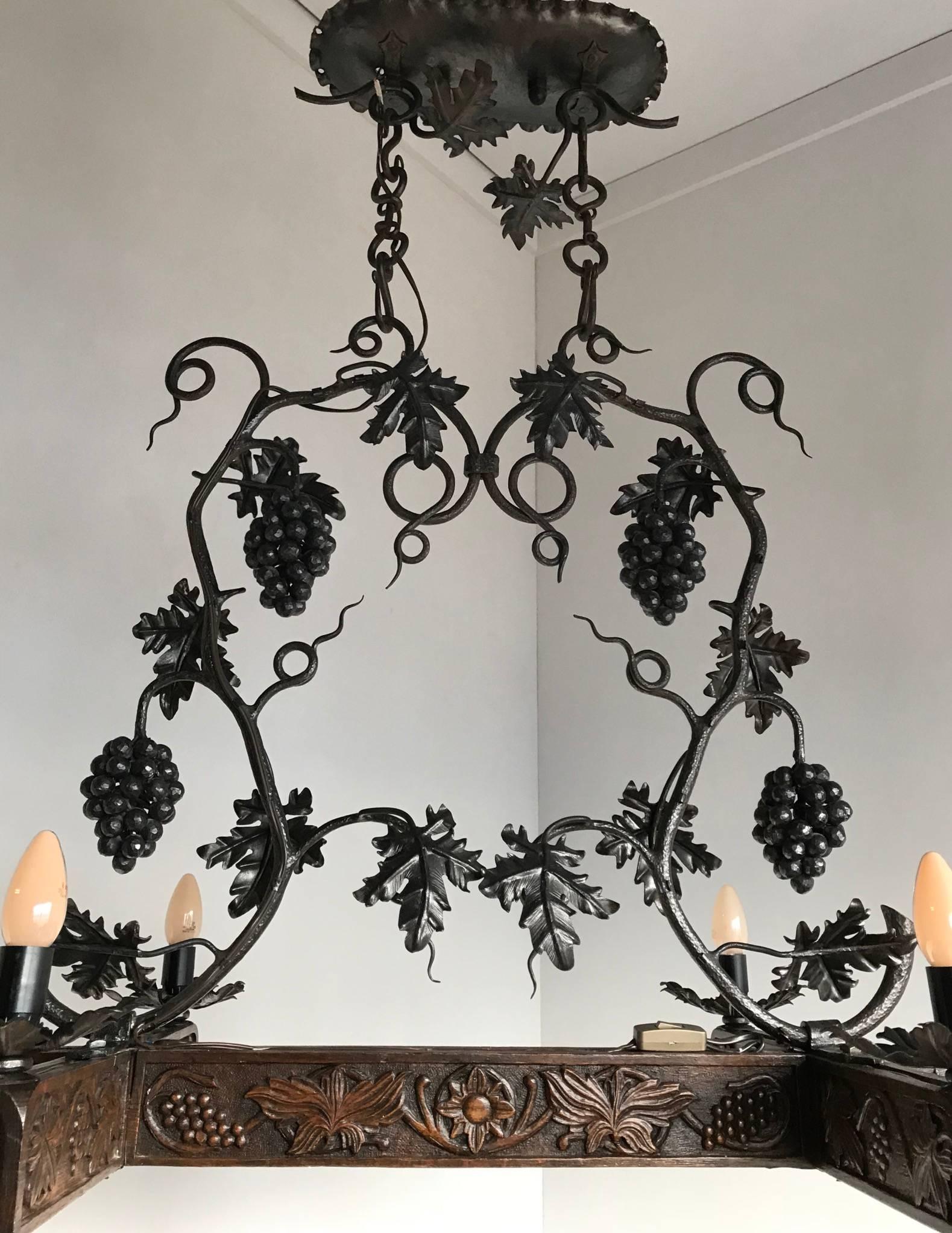 Arts and Crafts Stunning & Horizontal Wrought Iron Chandelier with Grapes & Hand-Carved Branches