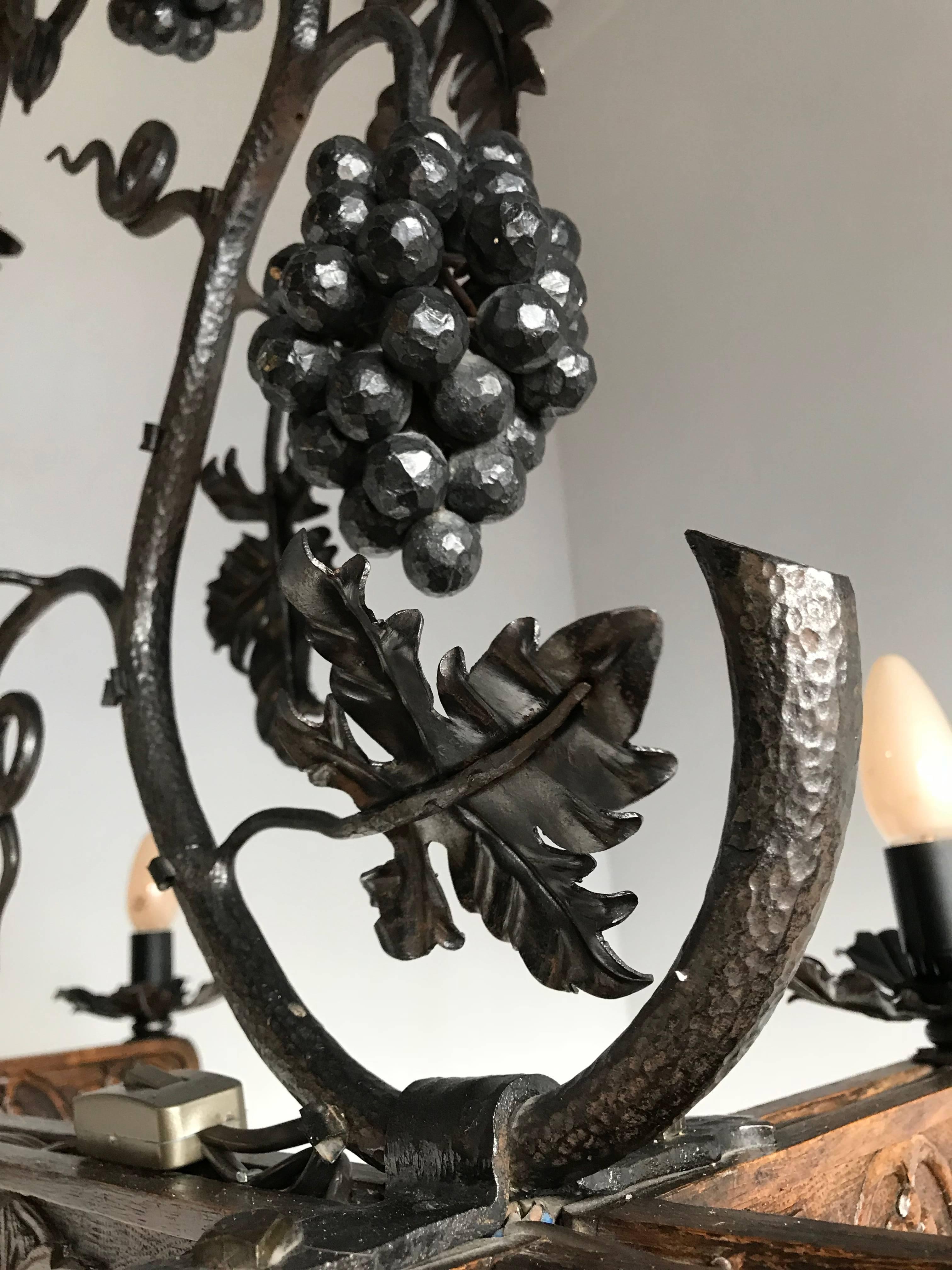 20th Century Stunning & Horizontal Wrought Iron Chandelier with Grapes & Hand-Carved Branches