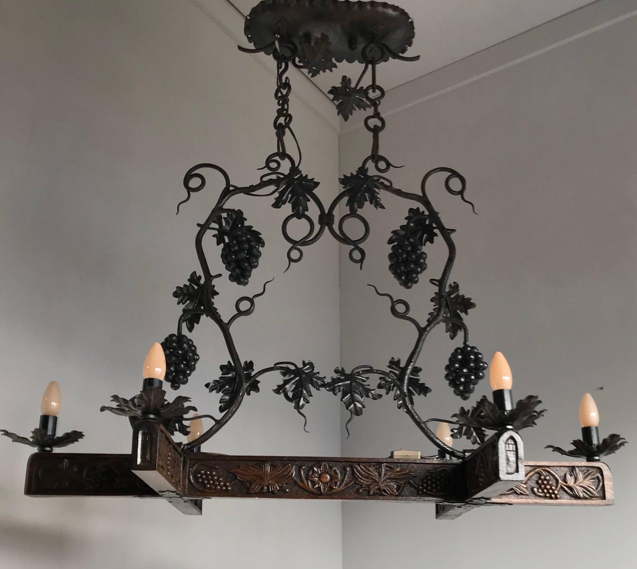 Stunning & Horizontal Wrought Iron Chandelier with Grapes & Hand-Carved Branches 2