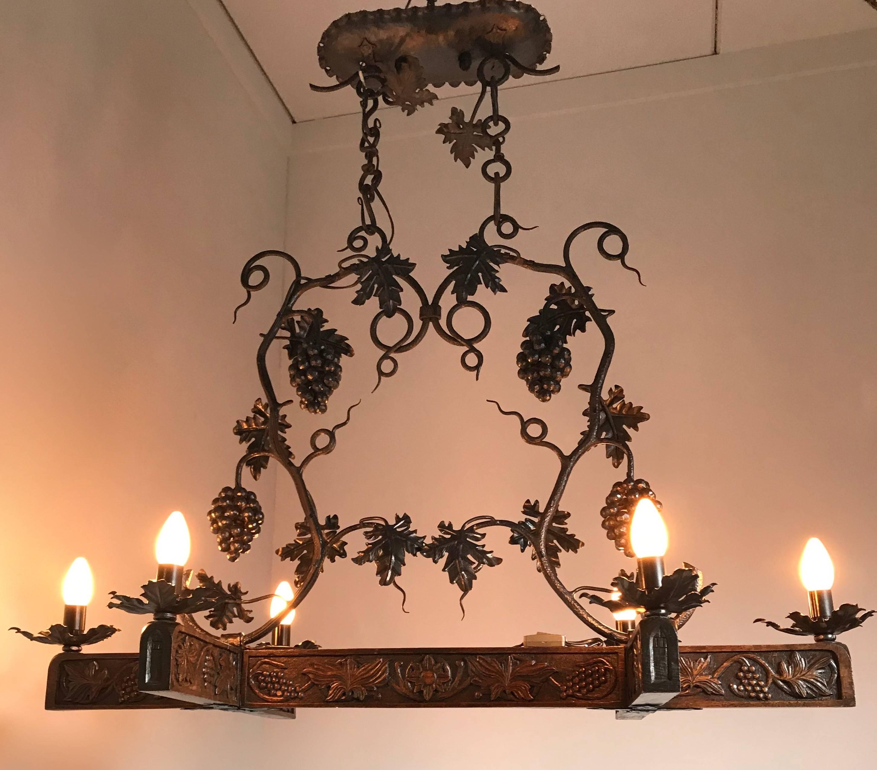 Stunning & Horizontal Wrought Iron Chandelier with Grapes & Hand-Carved Branches 3