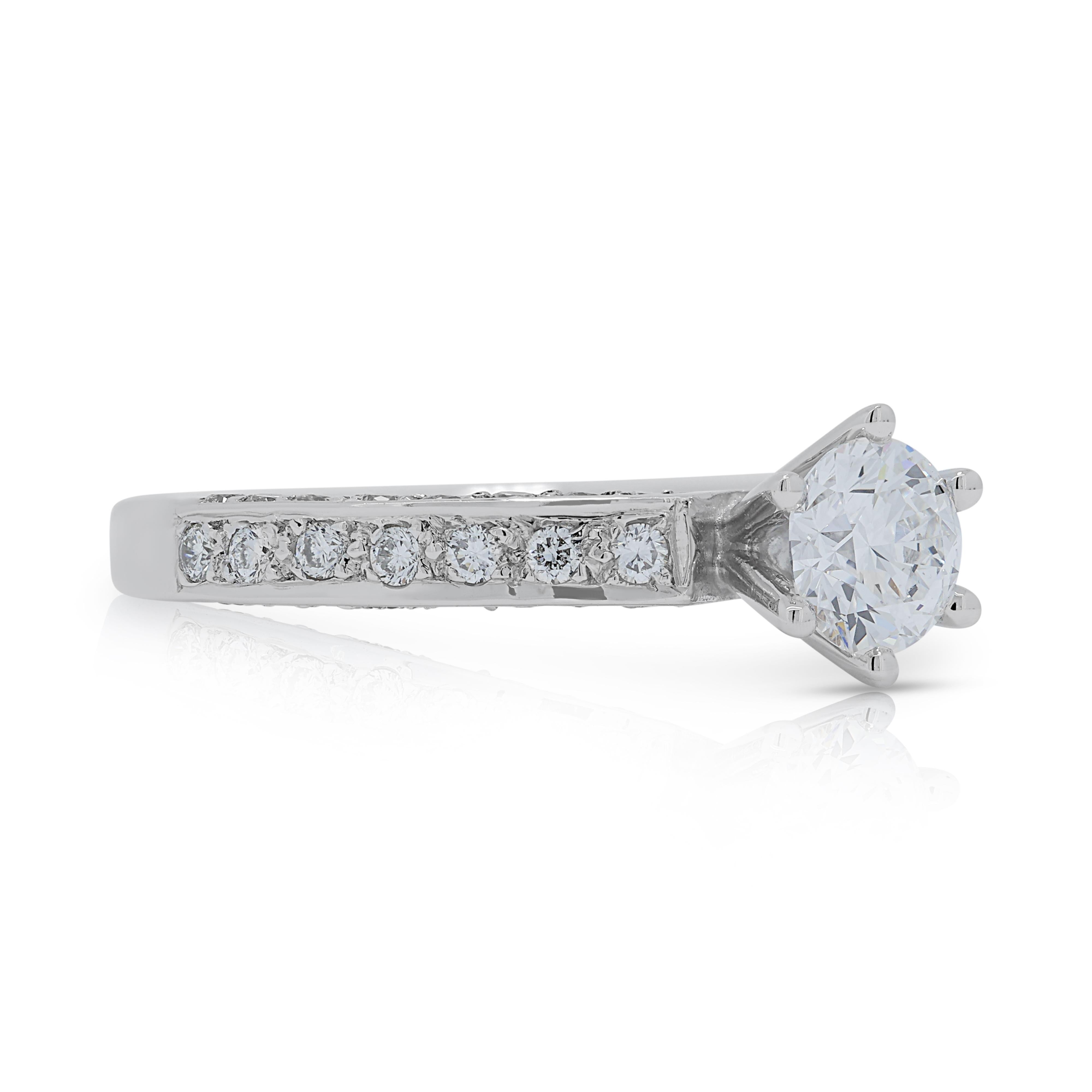 Round Cut Stunning 0.51ct Diamond Pave Ring with Side Diamonds in 18K White Gold For Sale