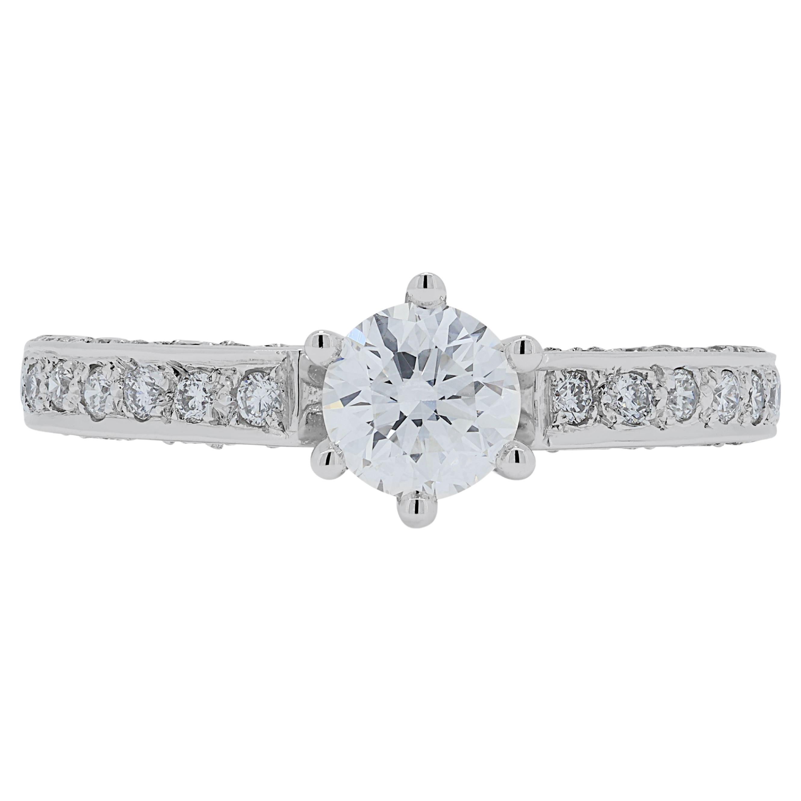 Stunning 0.51ct Diamond Pave Ring with Side Diamonds in 18K White Gold For Sale