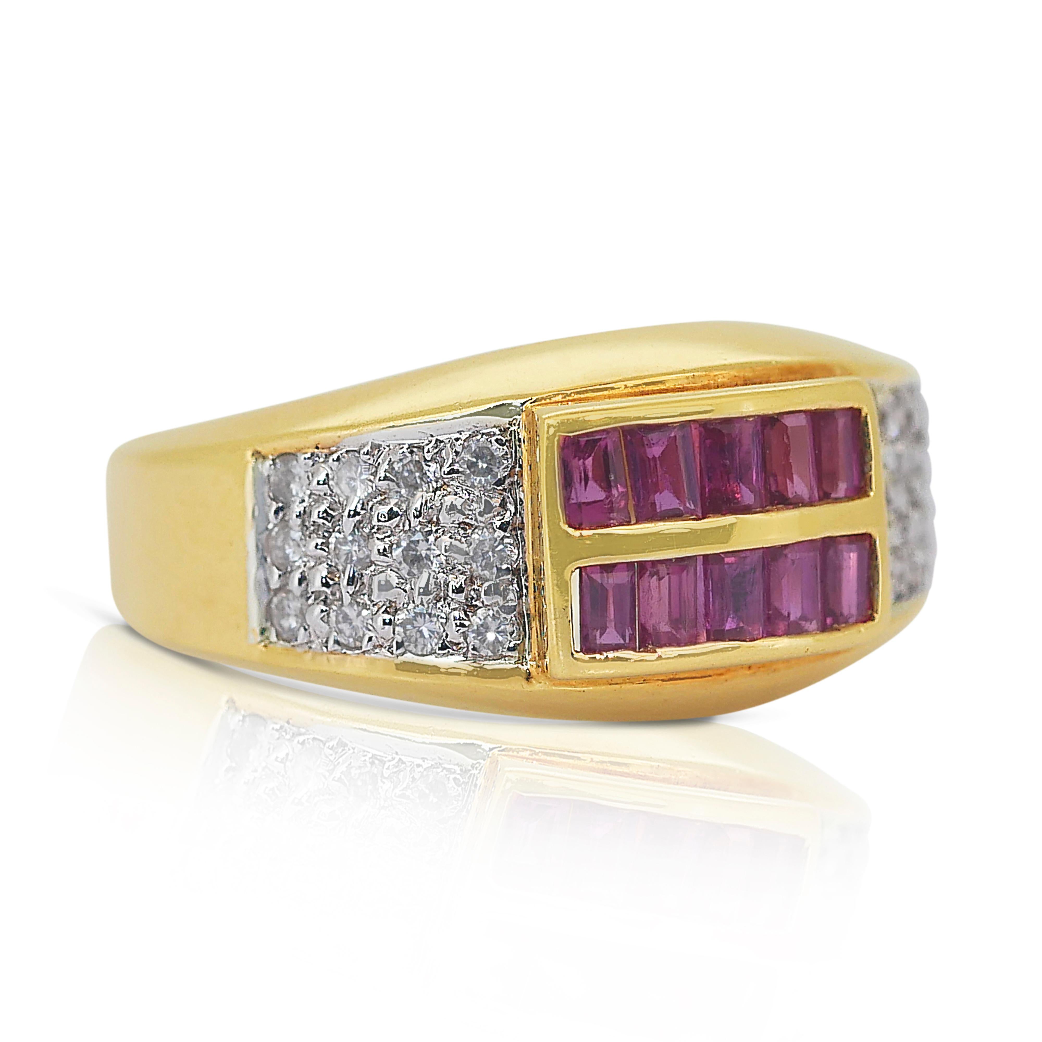Stunning 0.58ct Rubies and Diamonds Pave Ring in 18k Yellow Gold - IGI Certified

Delight in the timeless beauty of this elegant 18k yellow gold pave ring, featuring 10 vibrant baguette-cut rubies with a total carat weight of 0.40ct. Their rich red