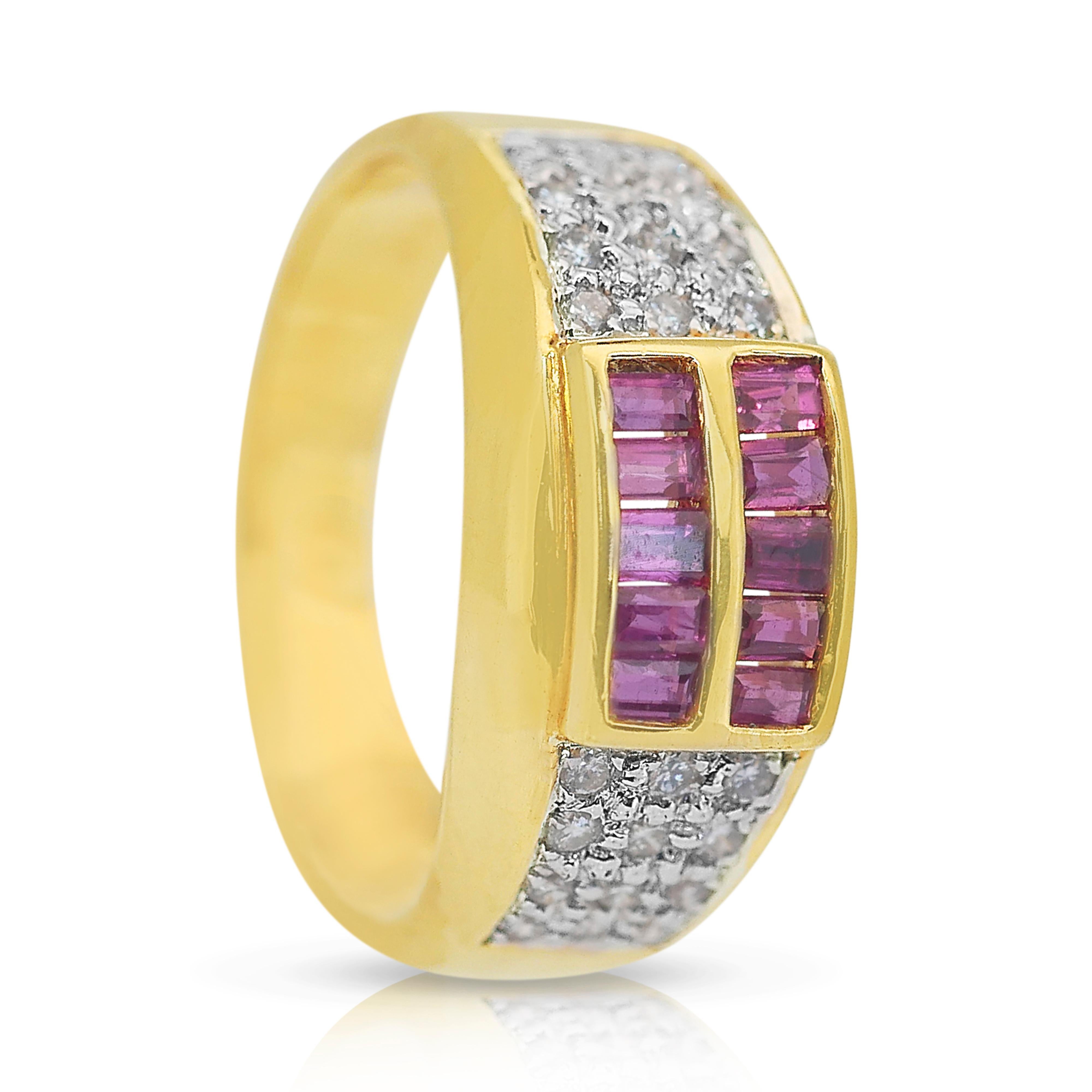 Baguette Cut Stunning 0.58ct Rubies and Diamonds Pave Ring in 18k Yellow Gold - IGI Certified For Sale