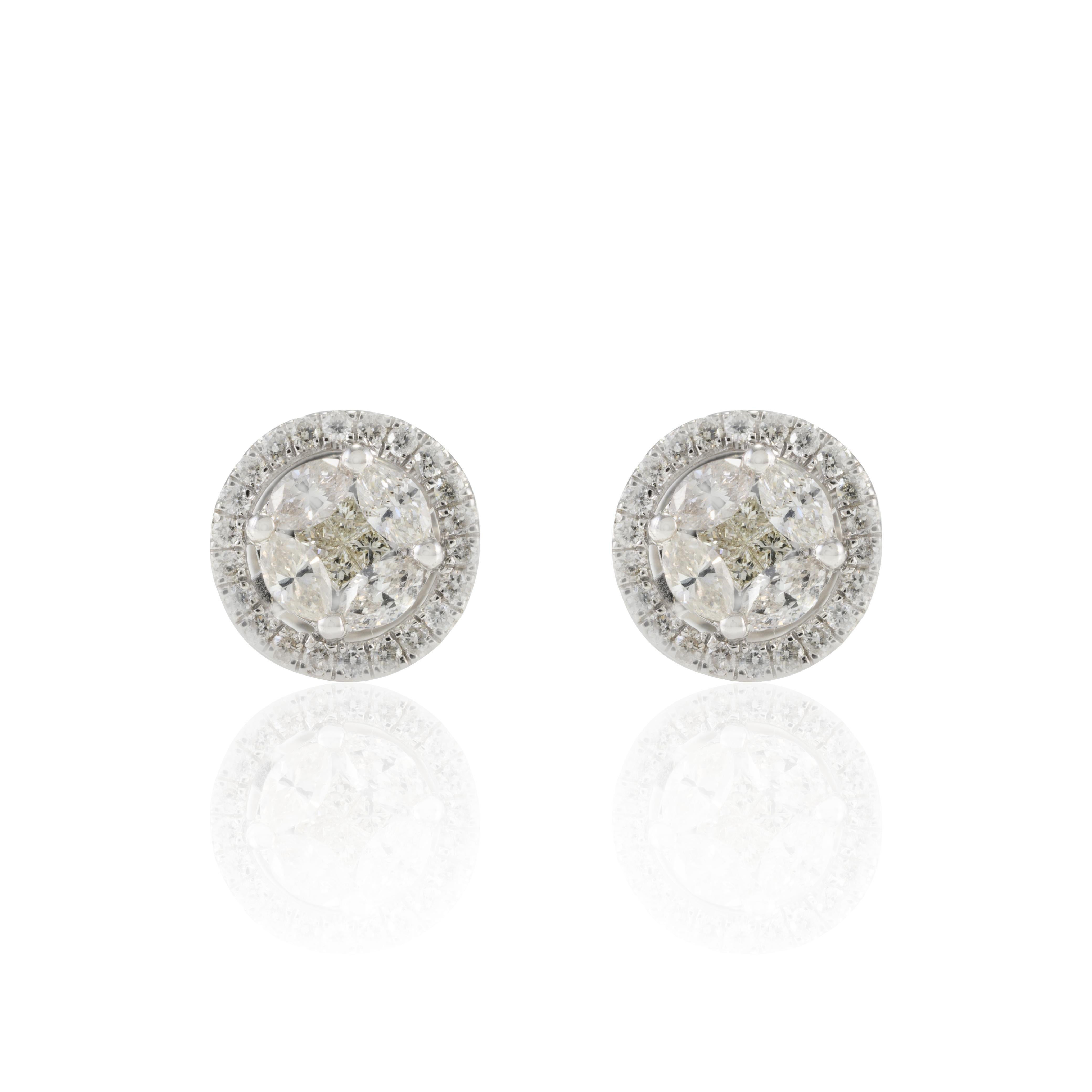 Brilliant Cut Stunning 0.59 CTW Natural Halo Diamond Round Studs 18k Solid White Gold Earrings For Sale
