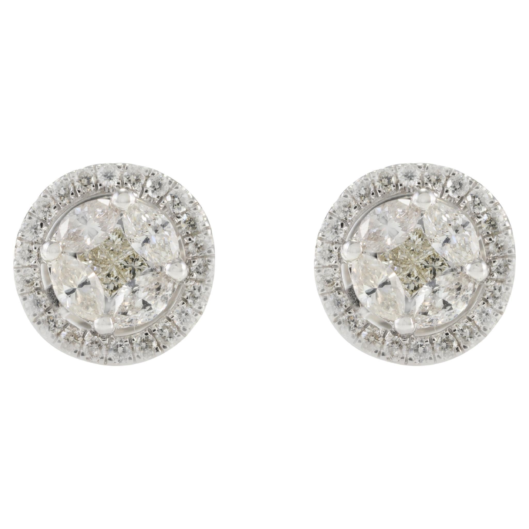 Stunning 0.59 CTW Natural Halo Diamond Round Studs 18k Solid White Gold Earrings For Sale