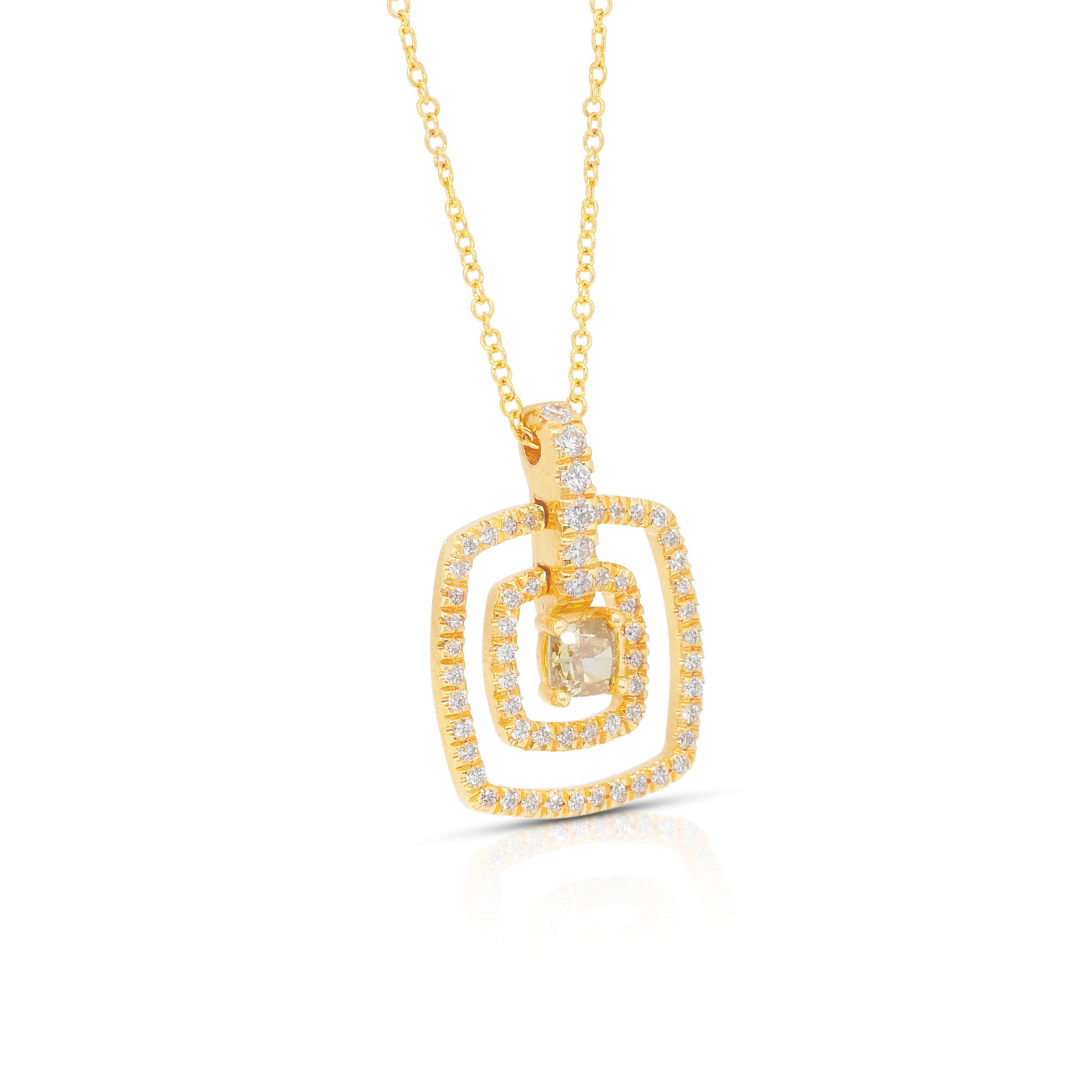 Cushion Cut Stunning 0.68ct Diamonds Necklace with Double Halo Pendant in 18k Yellow Gold For Sale