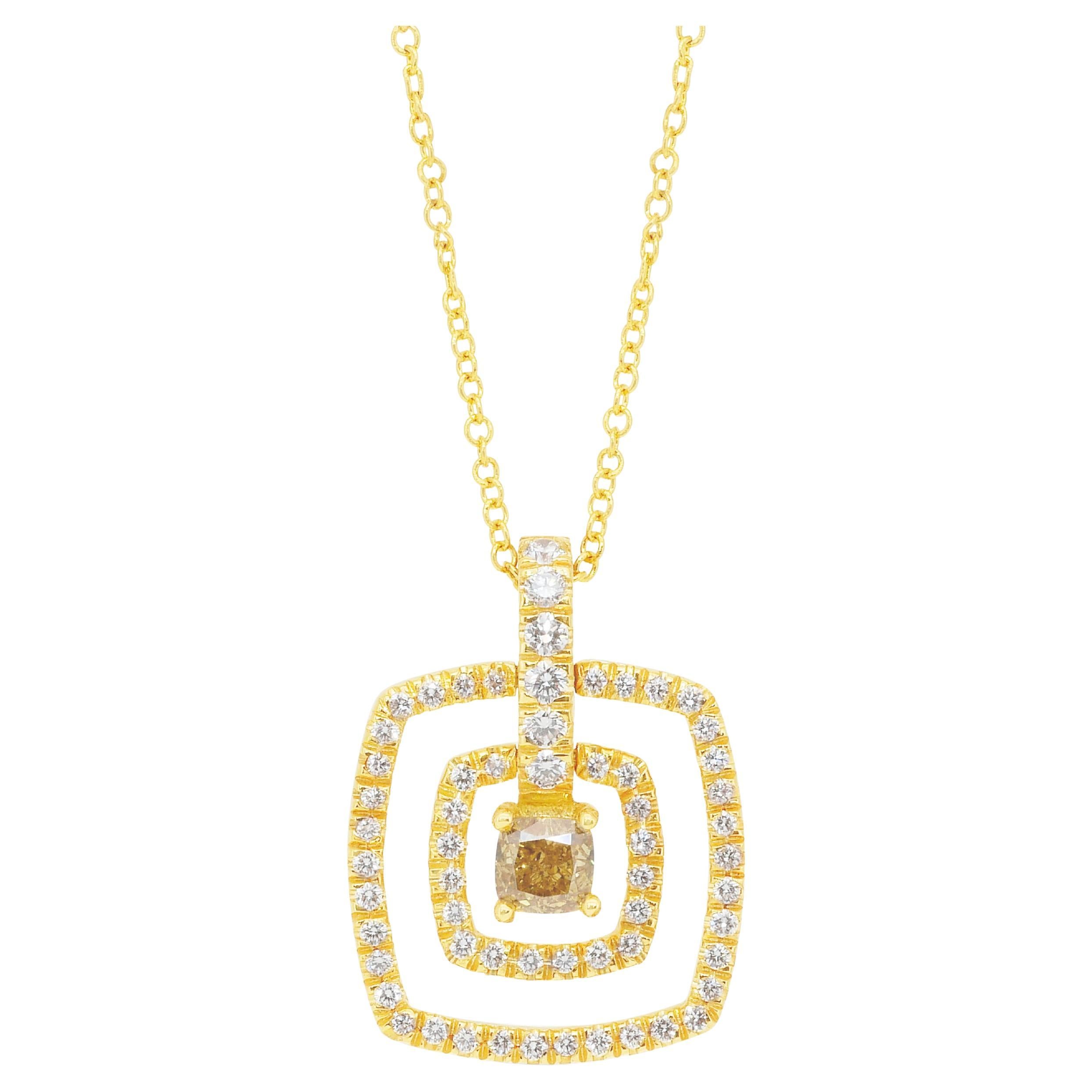 Stunning 0.68ct Diamonds Necklace with Double Halo Pendant in 18k Yellow Gold For Sale