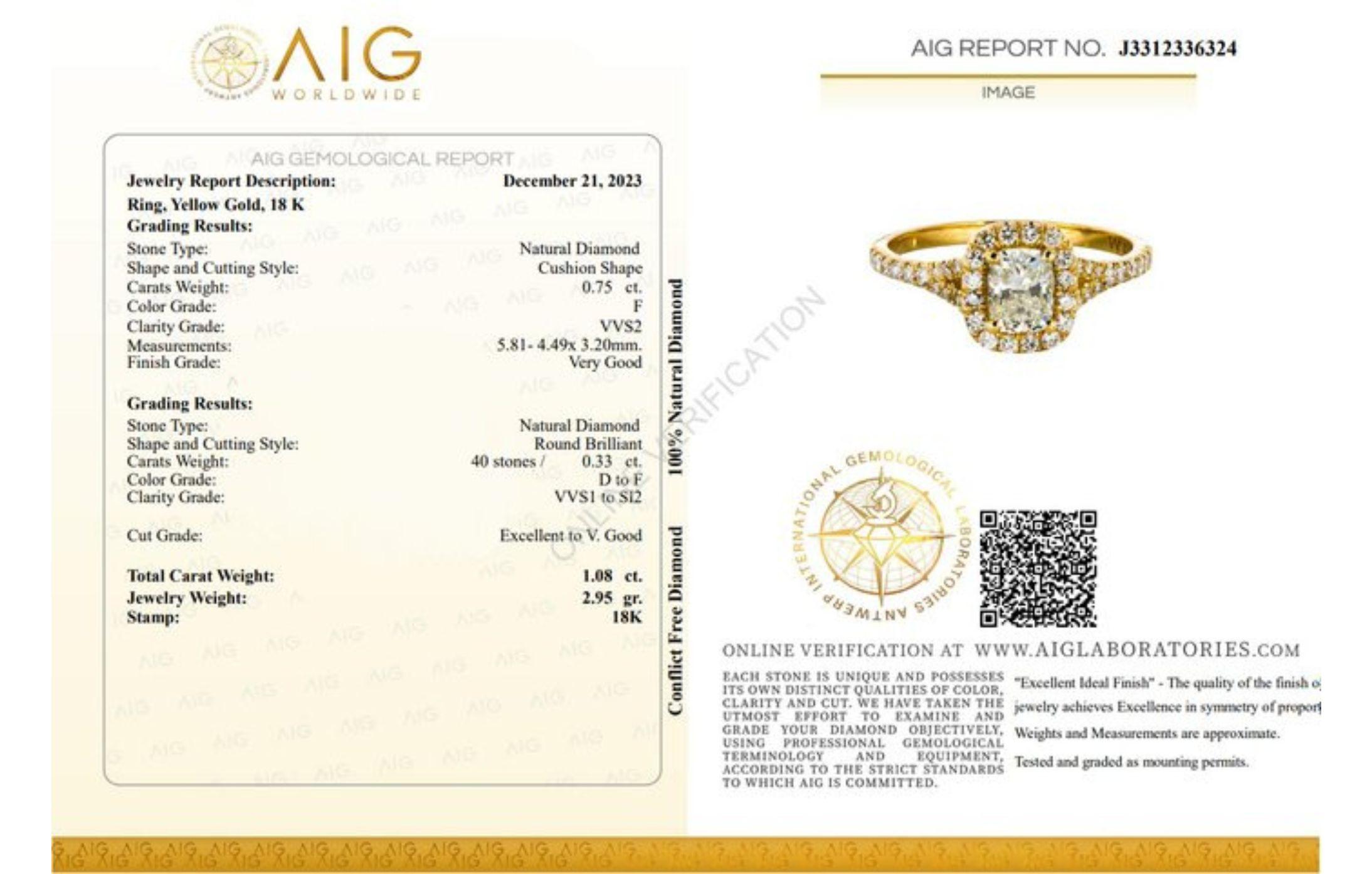 Stunning 0.75ct Cushion-cut Diamond Pave Ring in 18K Yellow Gold 3