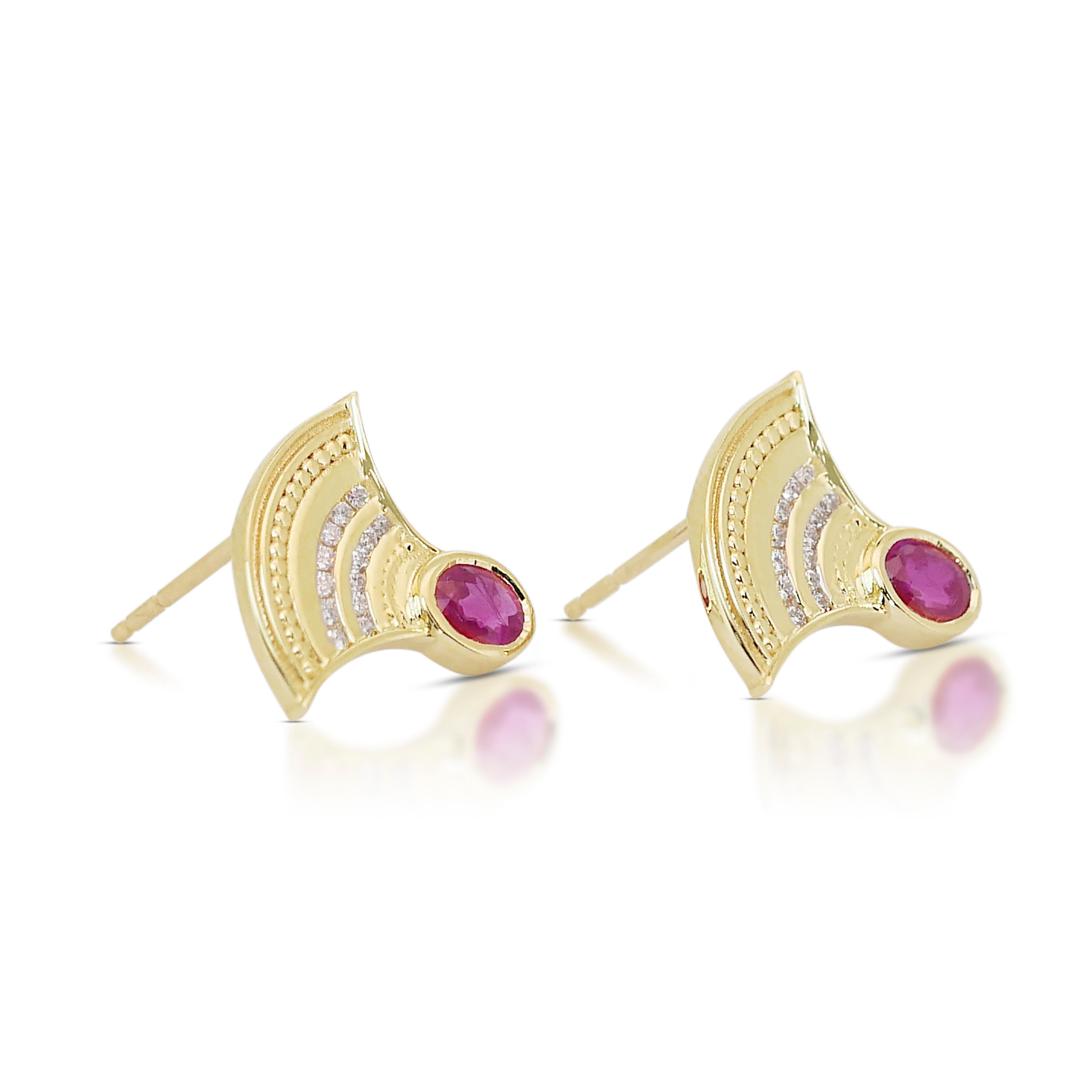 Stunning 0.75ct Rubies and Diamonds Stud Earrings in 14k Yellow Gold - AIG  In New Condition For Sale In רמת גן, IL