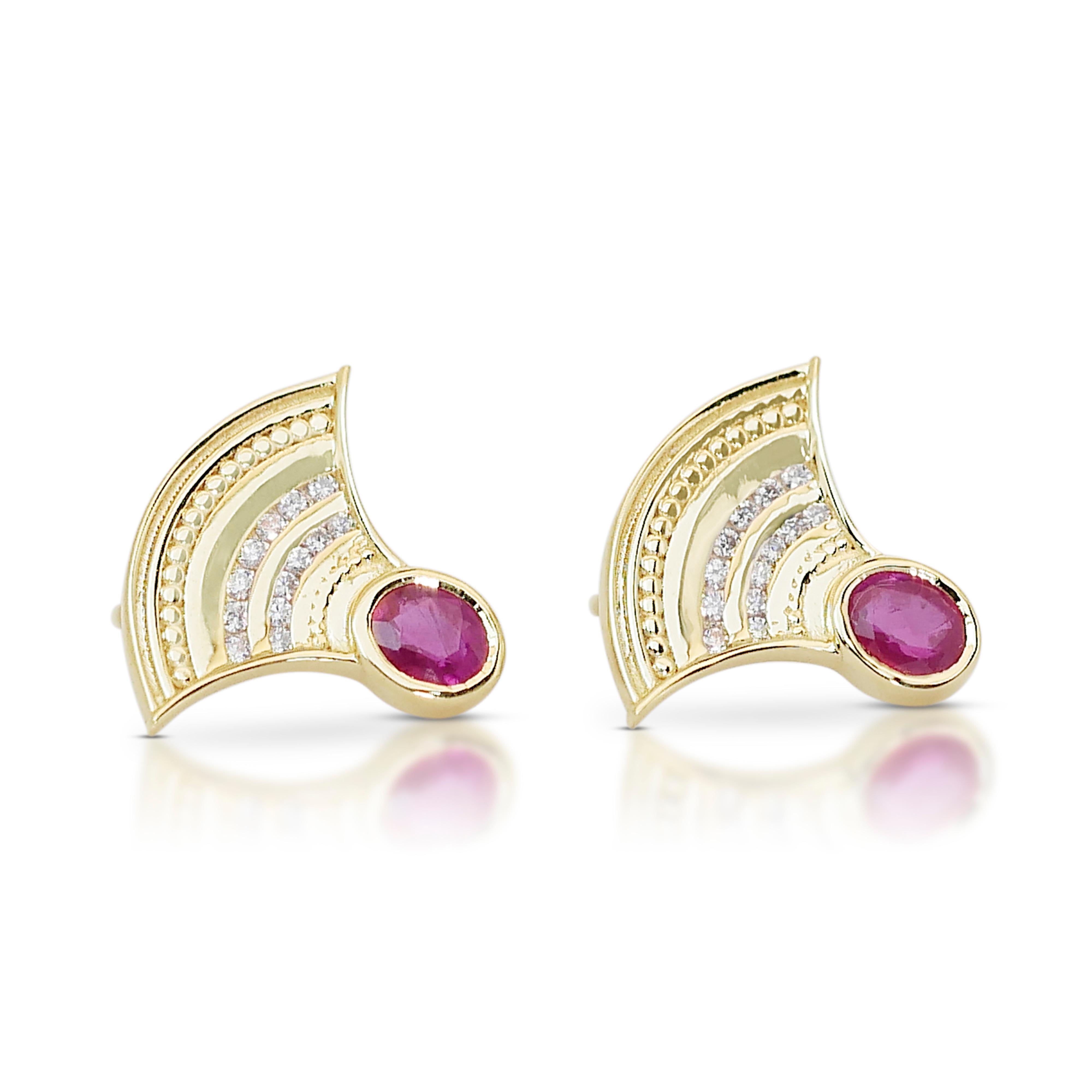 Women's Stunning 0.75ct Rubies and Diamonds Stud Earrings in 14k Yellow Gold - AIG  For Sale