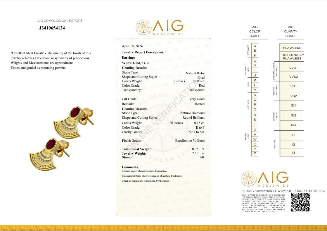 Stunning 0.75ct Rubies and Diamonds Stud Earrings in 14k Yellow Gold - AIG  For Sale 1