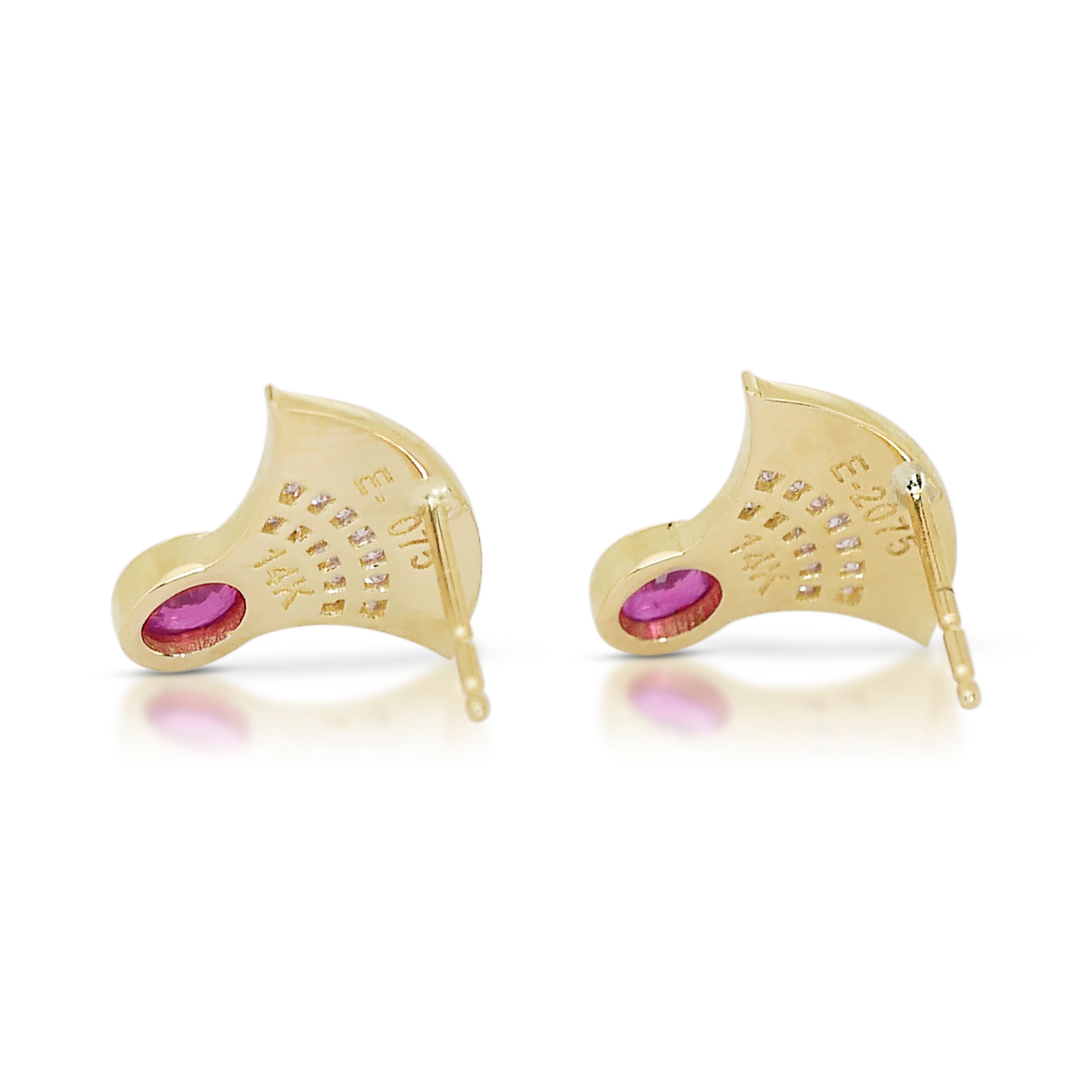 Stunning 0.75ct Rubies and Diamonds Stud Earrings in 14k Yellow Gold - AIG  For Sale 2