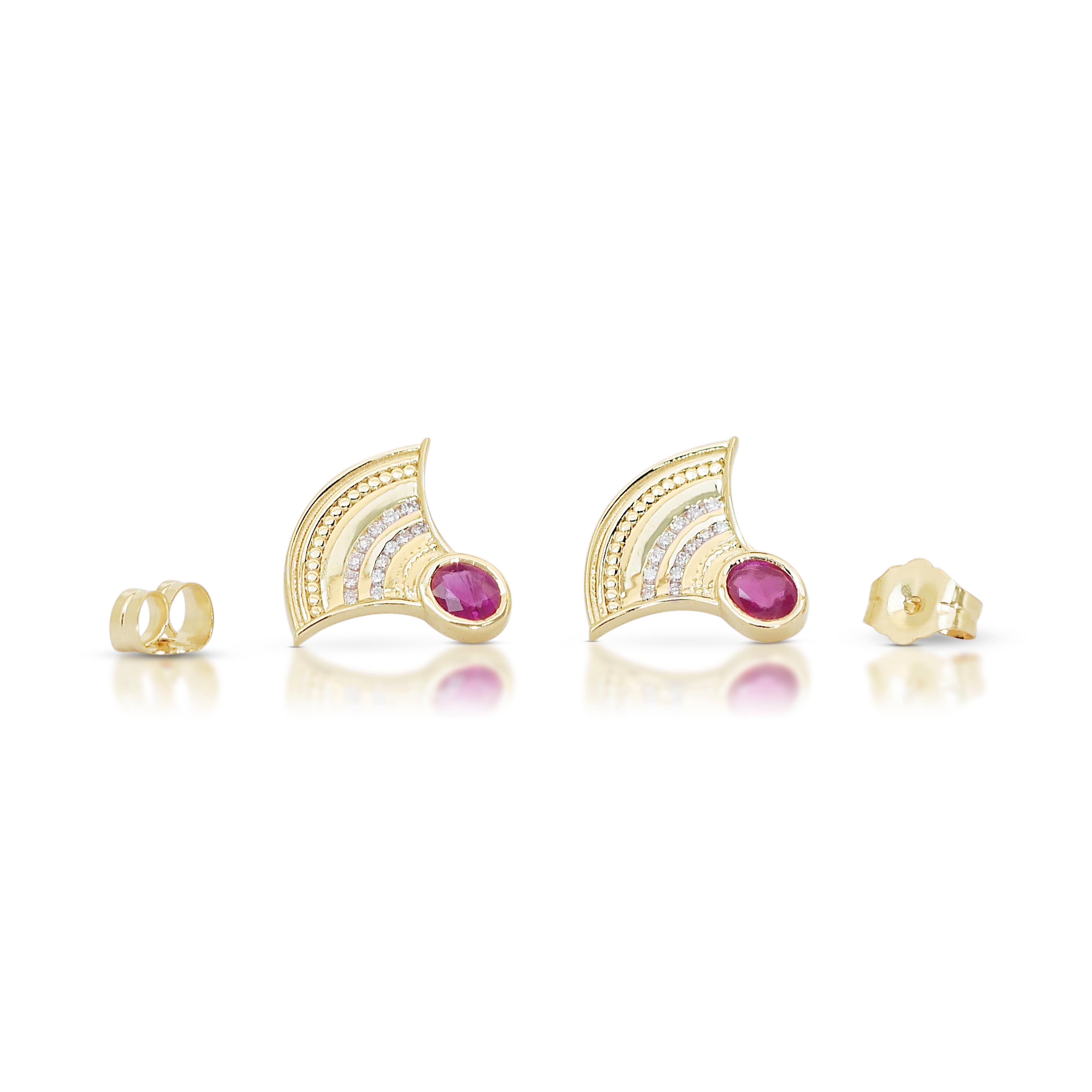 Stunning 0.75ct Rubies and Diamonds Stud Earrings in 14k Yellow Gold - AIG For Sale 3