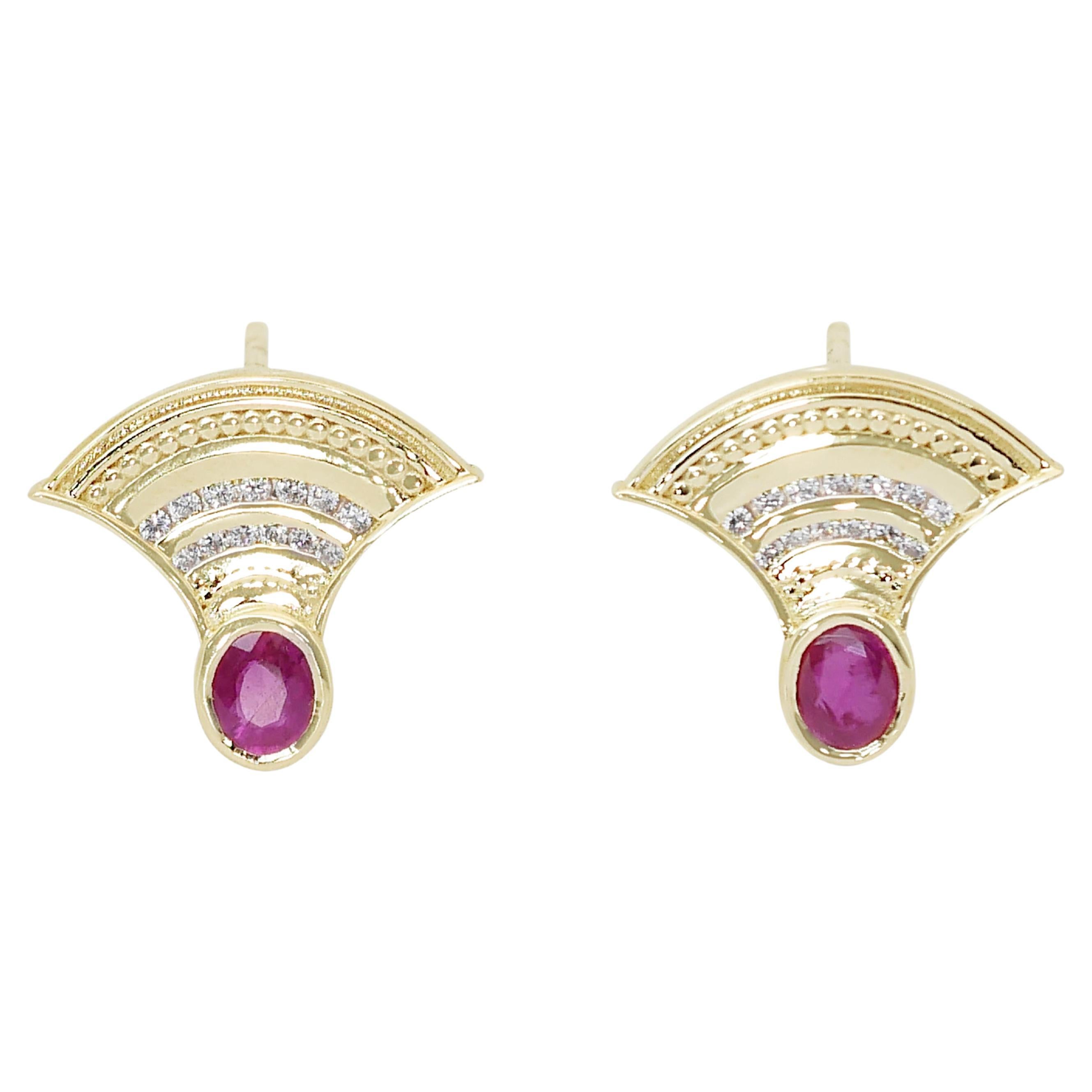 Stunning 0.75ct Rubies and Diamonds Stud Earrings in 14k Yellow Gold - AIG For Sale