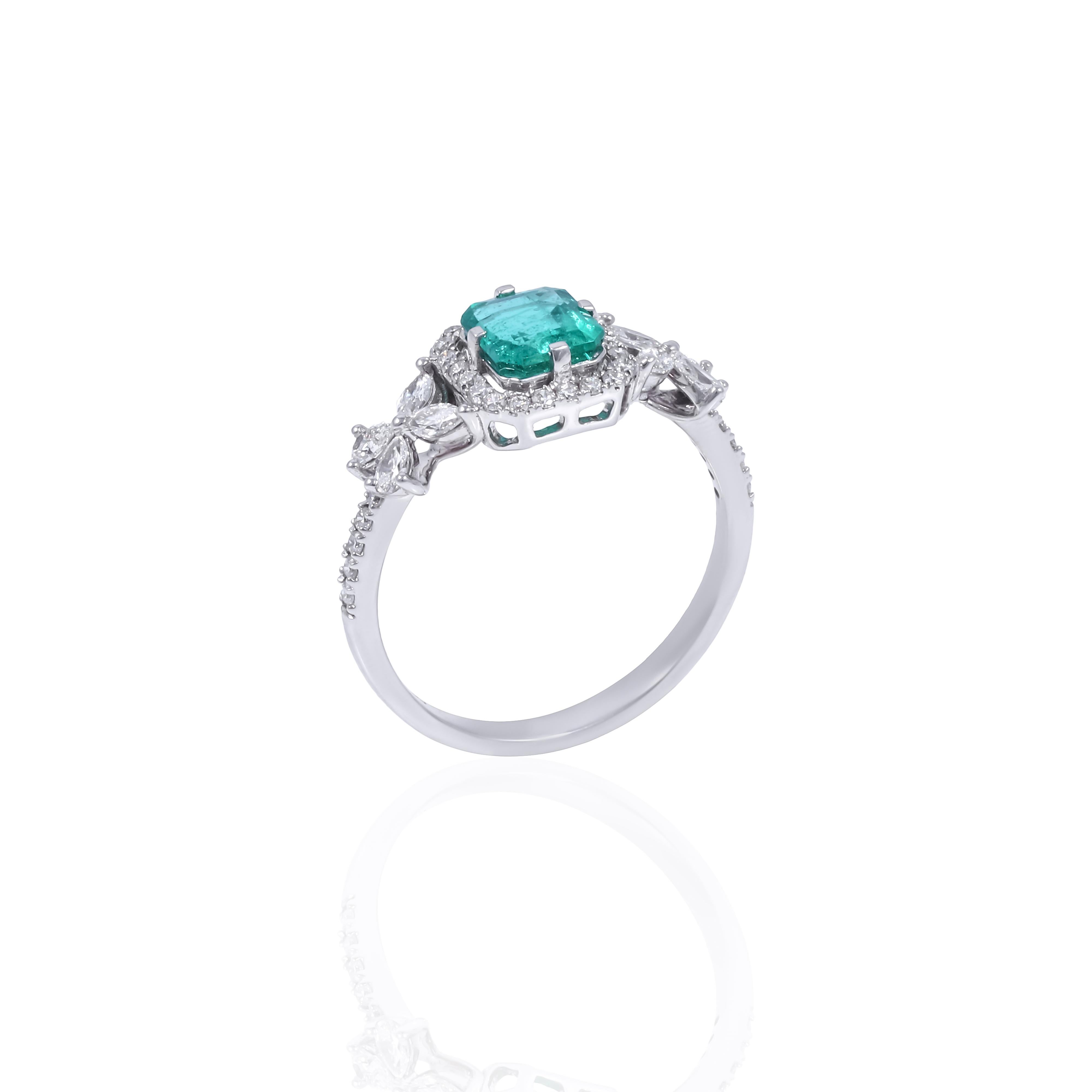 Atemberaubender Ring mit 0,87 Karat sambischem Smaragd und Diamanten in 18 kt Weißgold (Art déco) im Angebot