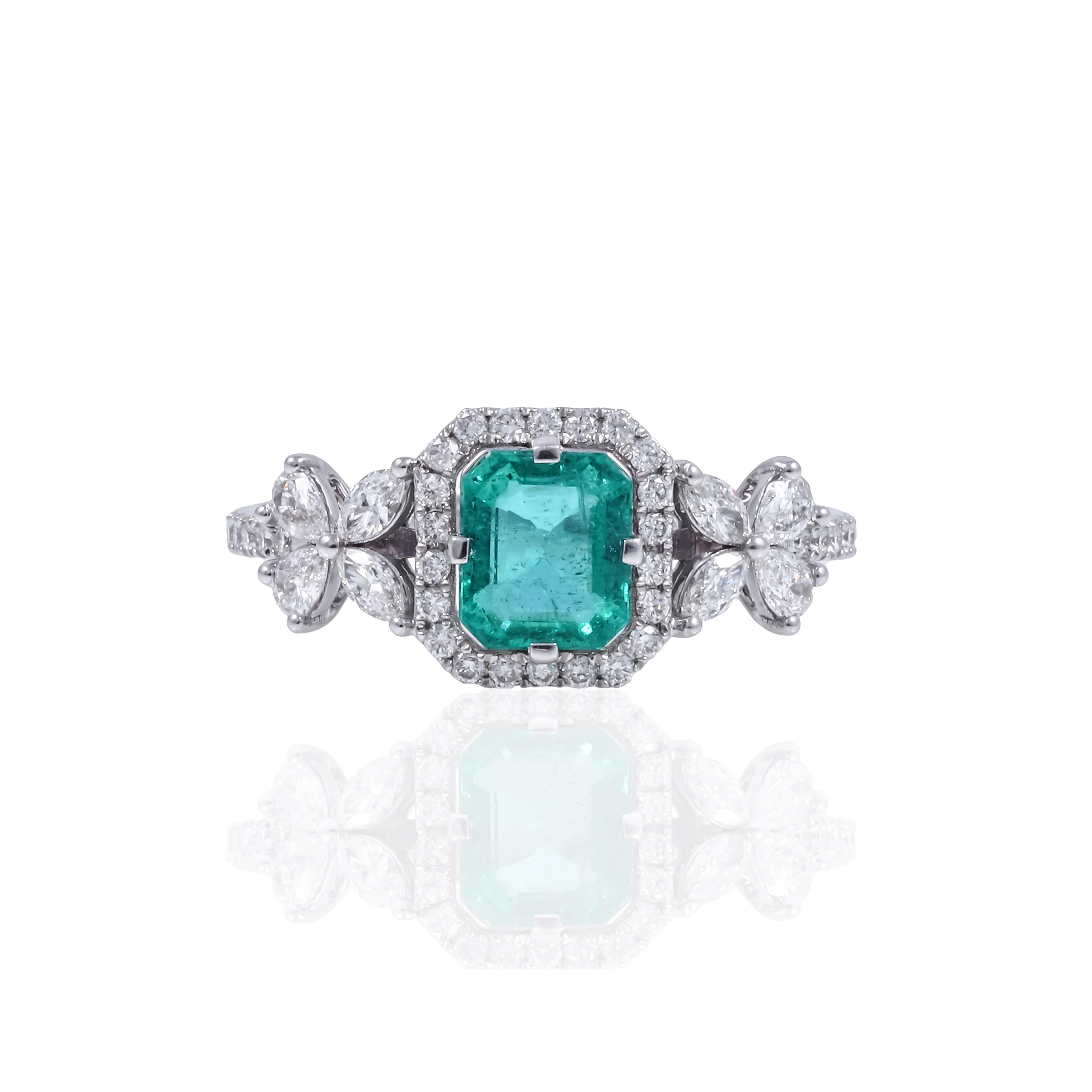 Atemberaubender Ring mit 0,87 Karat sambischem Smaragd und Diamanten in 18 kt Weißgold (Smaragdschliff) im Angebot