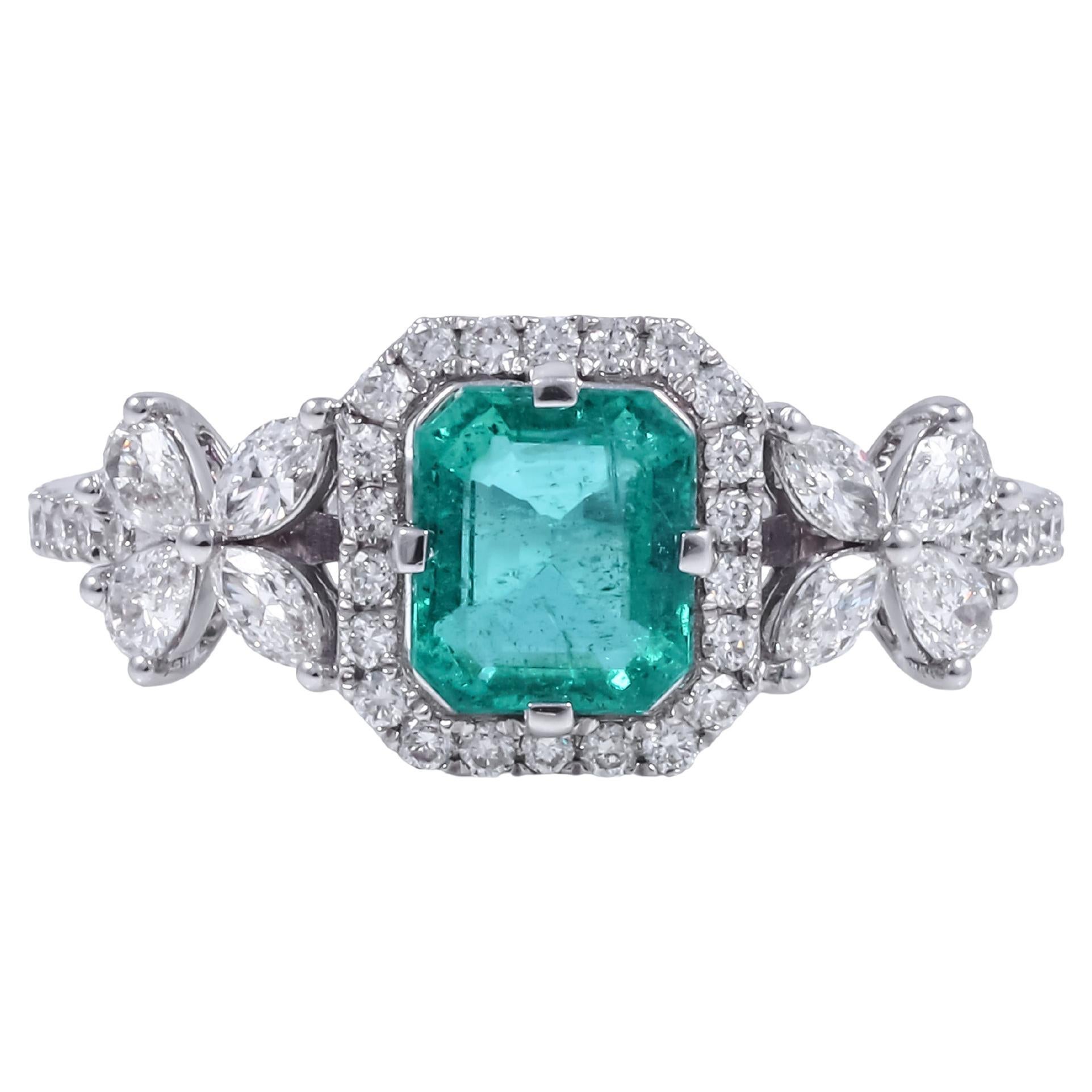 Atemberaubender Ring mit 0,87 Karat sambischem Smaragd und Diamanten in 18 kt Weißgold im Angebot