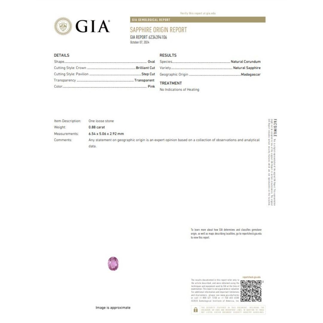 Stunning 0.88ct Sapphire Gemstone - GIA Certified

This elegant 0.88-carat pink sapphire, cut in a refined oval shape, glows with a soft, romantic pink hue. Perfect for adding a touch of femininity and grace to any jewelry design, this gemstone