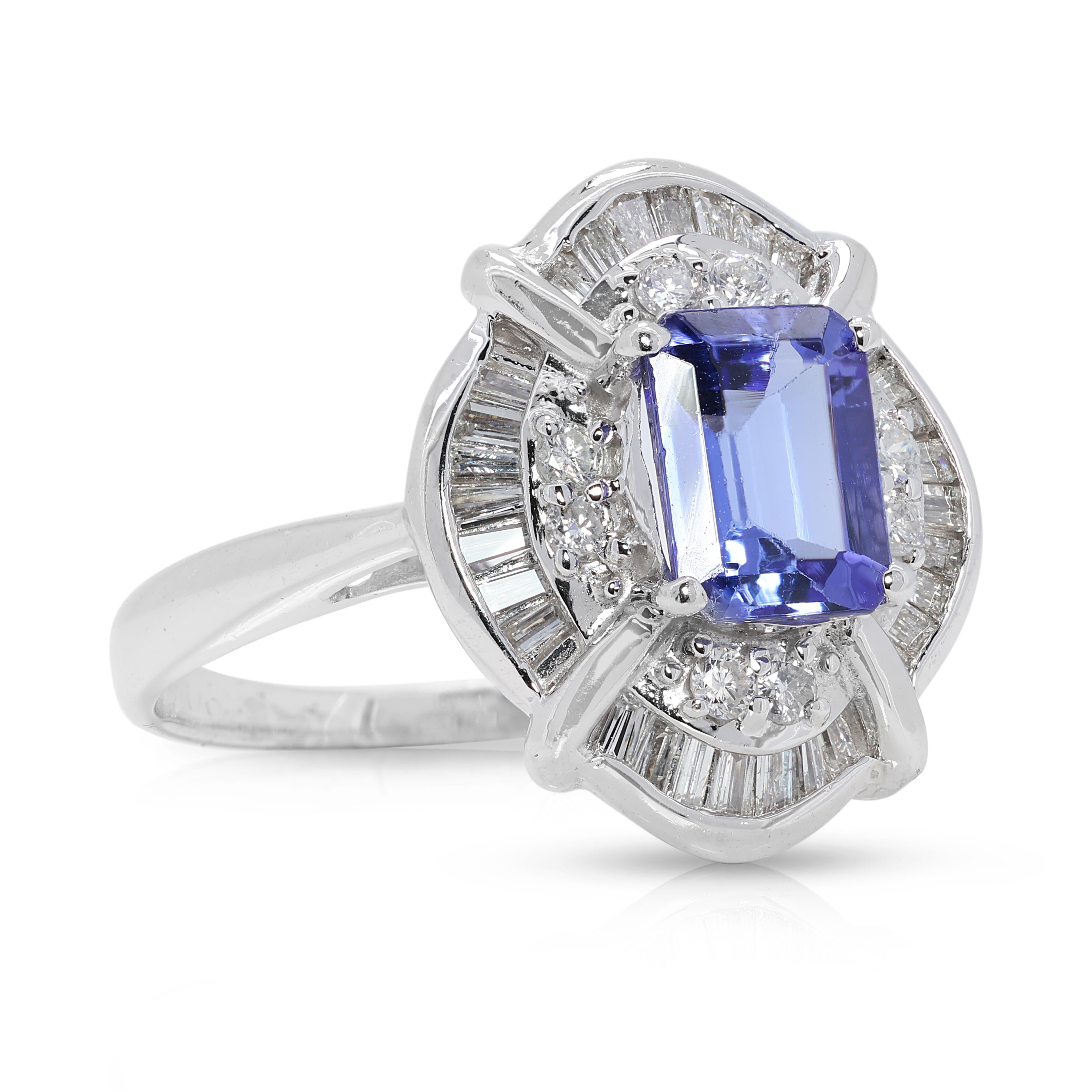 Emerald Cut Stunning 1 Carat Tanzanite Ring with Natural Diamonds in Platinum with NGL Cert