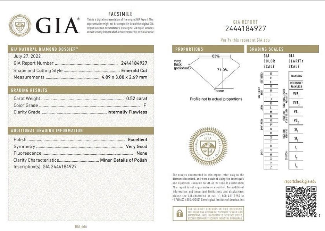 Emerald Cut Stunning 1 pc Natural Diamonds 0.52 ct  Emerald F IF (flawless) GIA Certificate