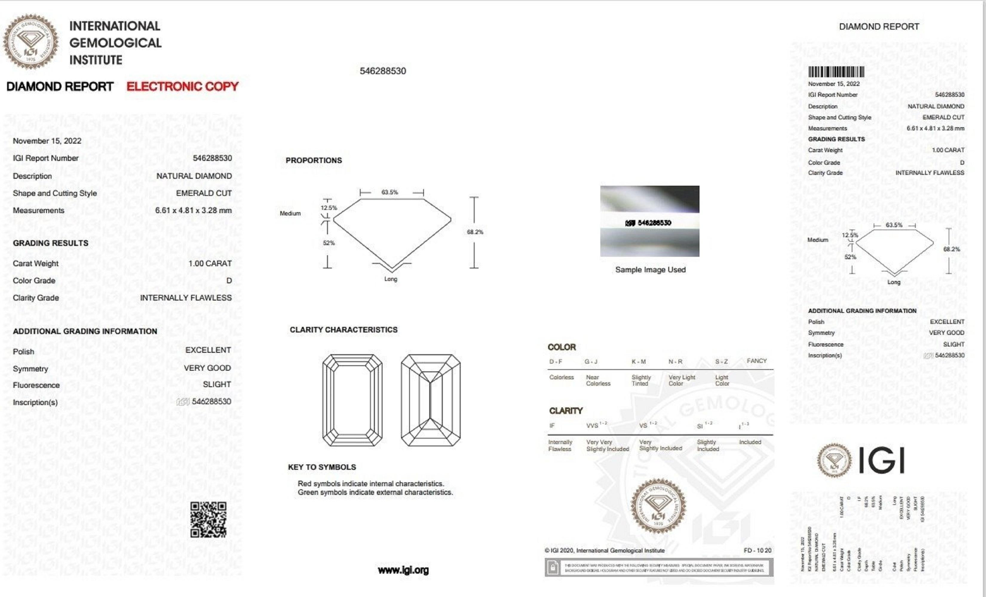 Taille émeraude Superbe diamant émeraude naturelle avec 1,0 carat D IF, certificat IGI, 1 pièce en vente