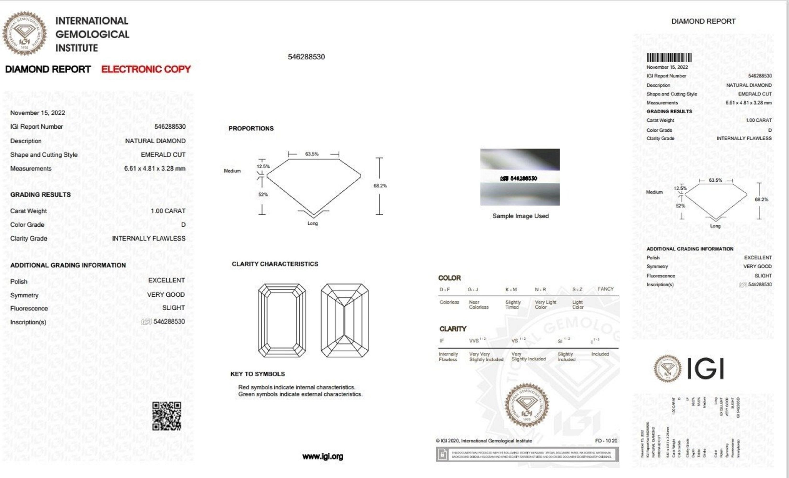 Emerald Cut Stunning 1 Pc Natural Emerald Diamond with 1.0 Ct D IF, IGI Certificate For Sale