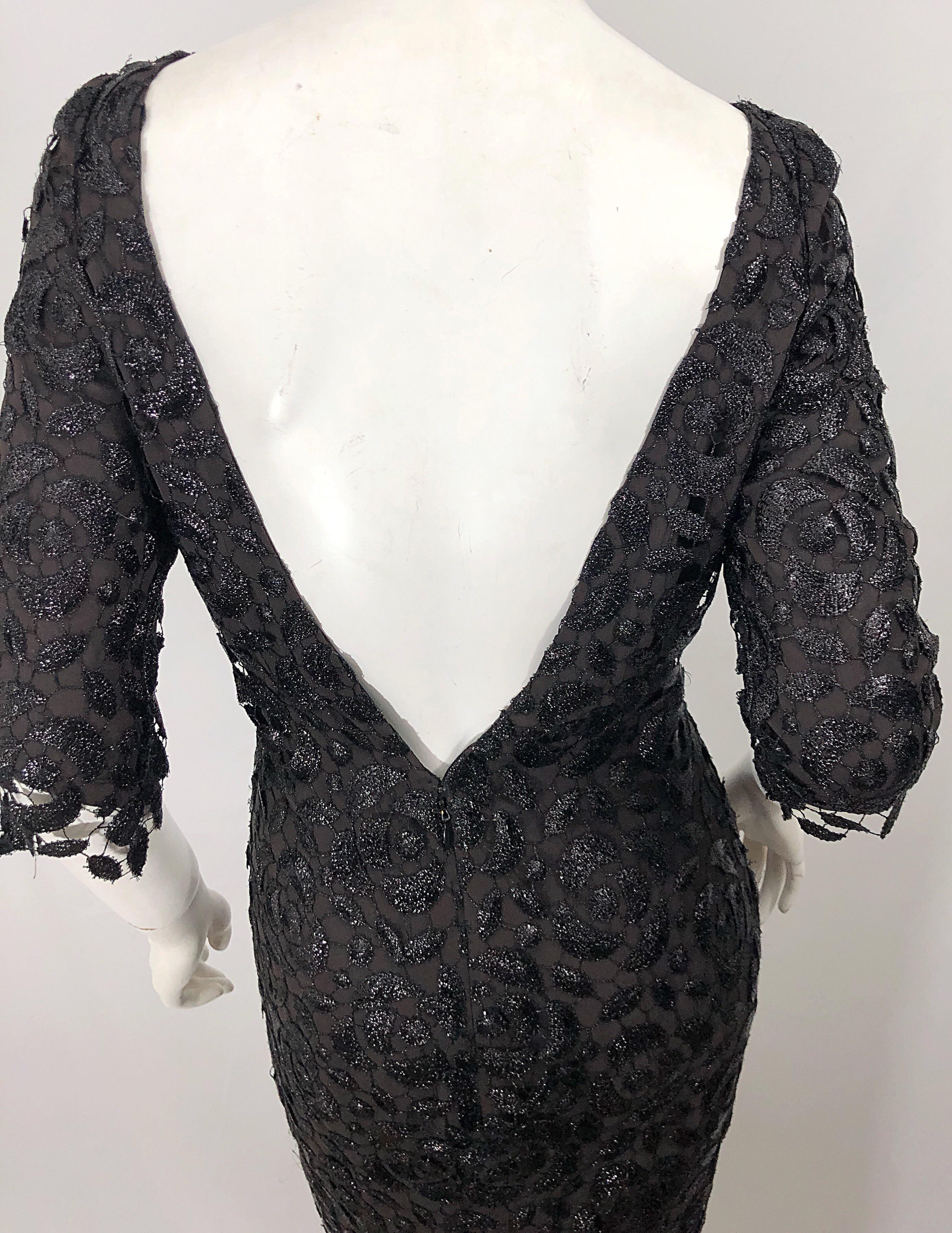 Stunning $10k Vintage Halston Black 3/4 Sleeves Silk Lace Crochet Sz 4 6 Dress 5