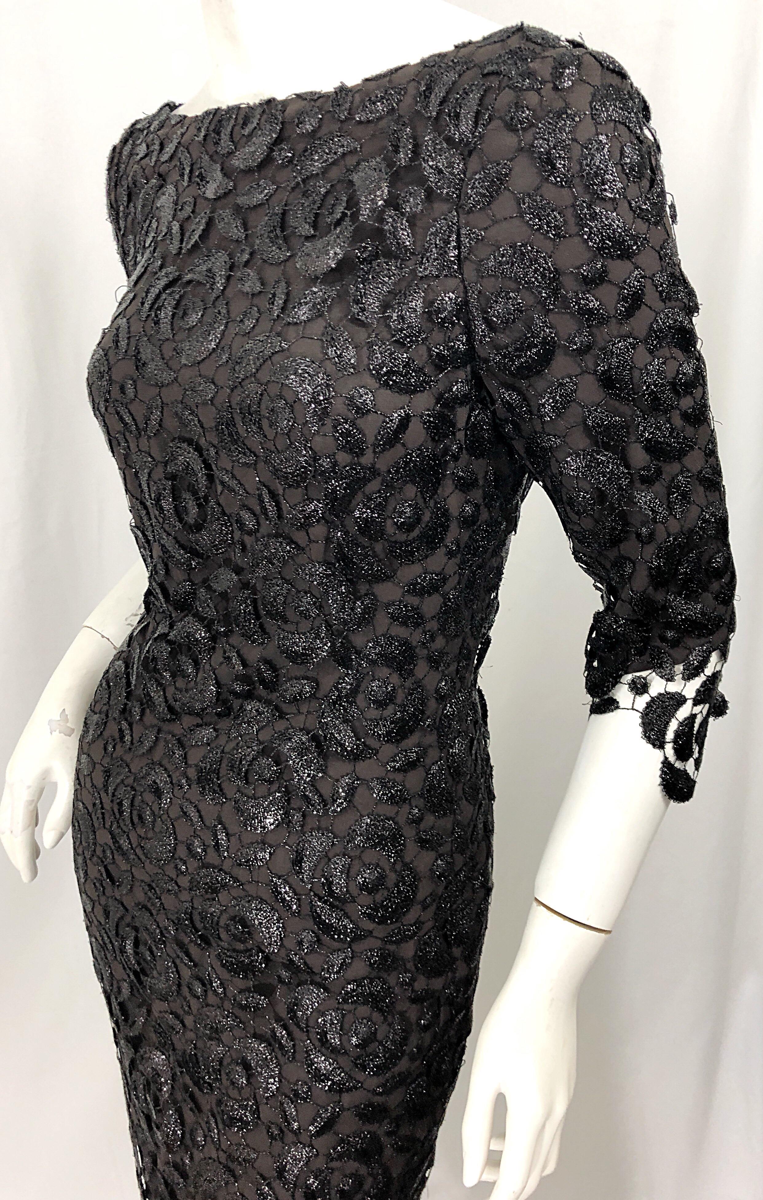 Stunning $10k Vintage Halston Black 3/4 Sleeves Silk Lace Crochet Sz 4 6 Dress 6