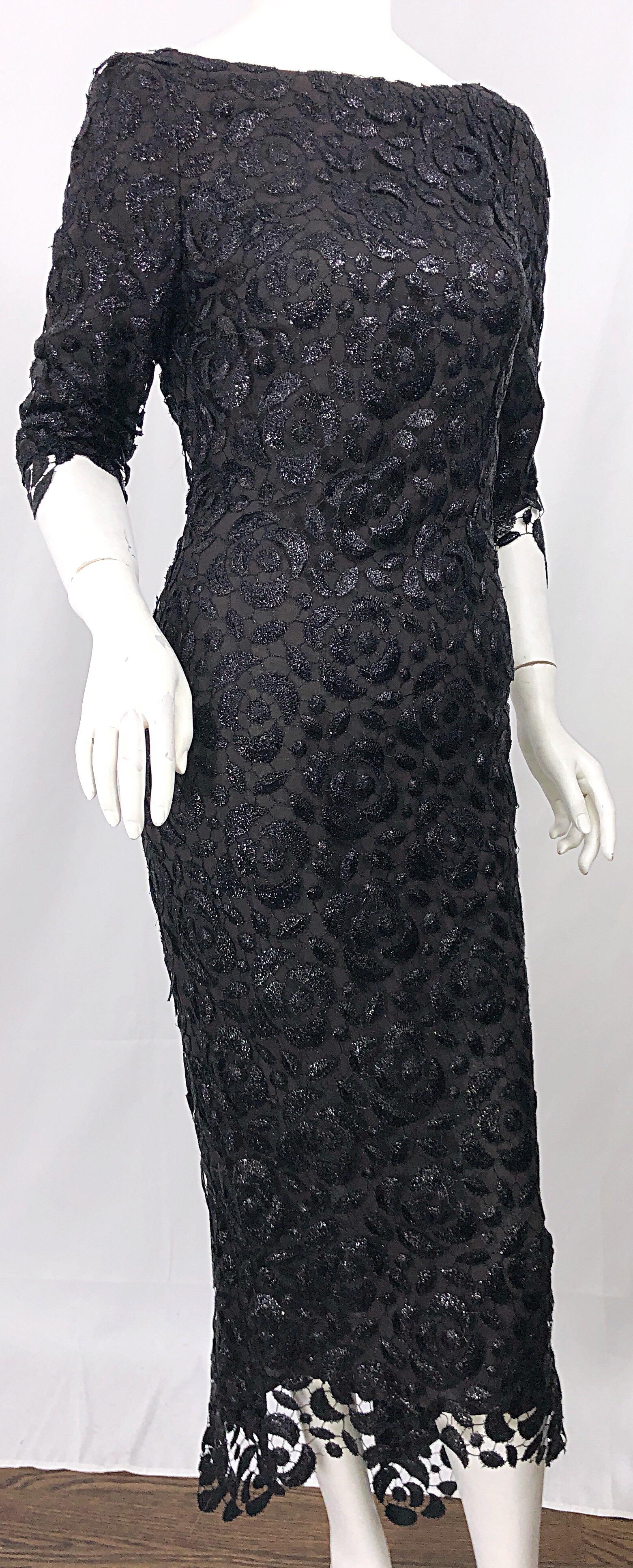 Stunning $10k Vintage Halston Black 3/4 Sleeves Silk Lace Crochet Sz 4 6 Dress 7