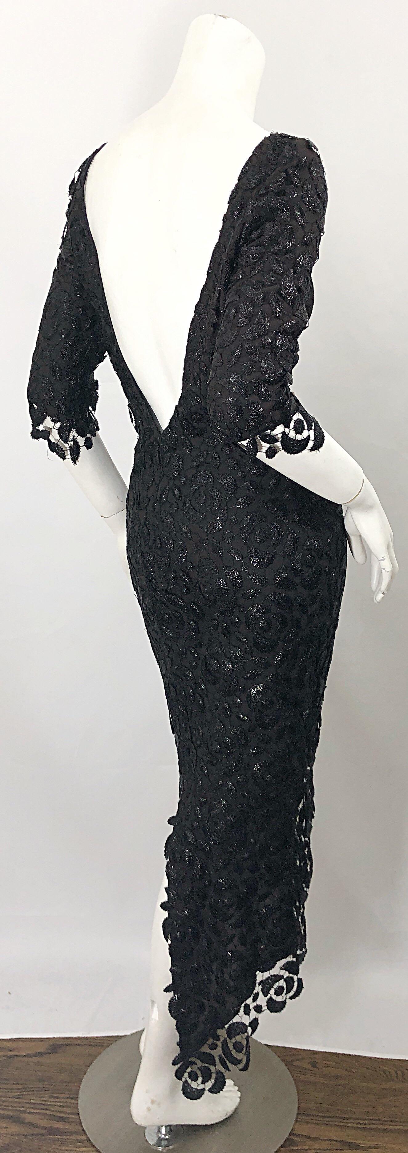 Stunning $10k Vintage Halston Black 3/4 Sleeves Silk Lace Crochet Sz 4 6 Dress 9