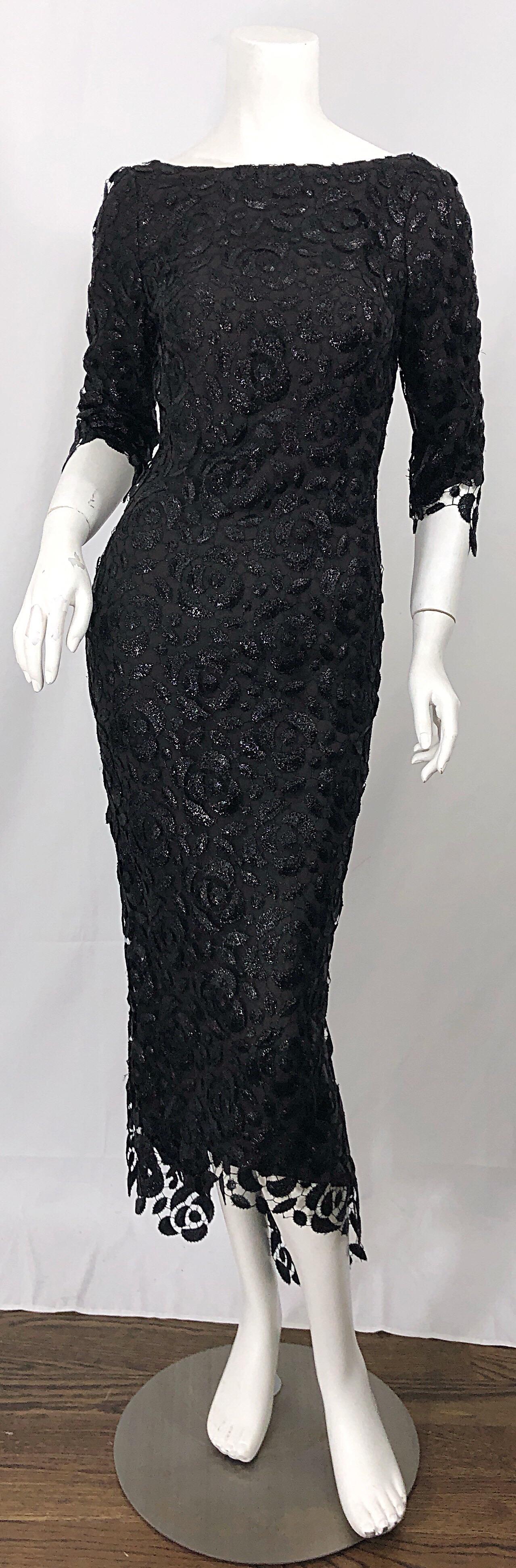 Stunning $10k Vintage Halston Black 3/4 Sleeves Silk Lace Crochet Sz 4 6 Dress 10
