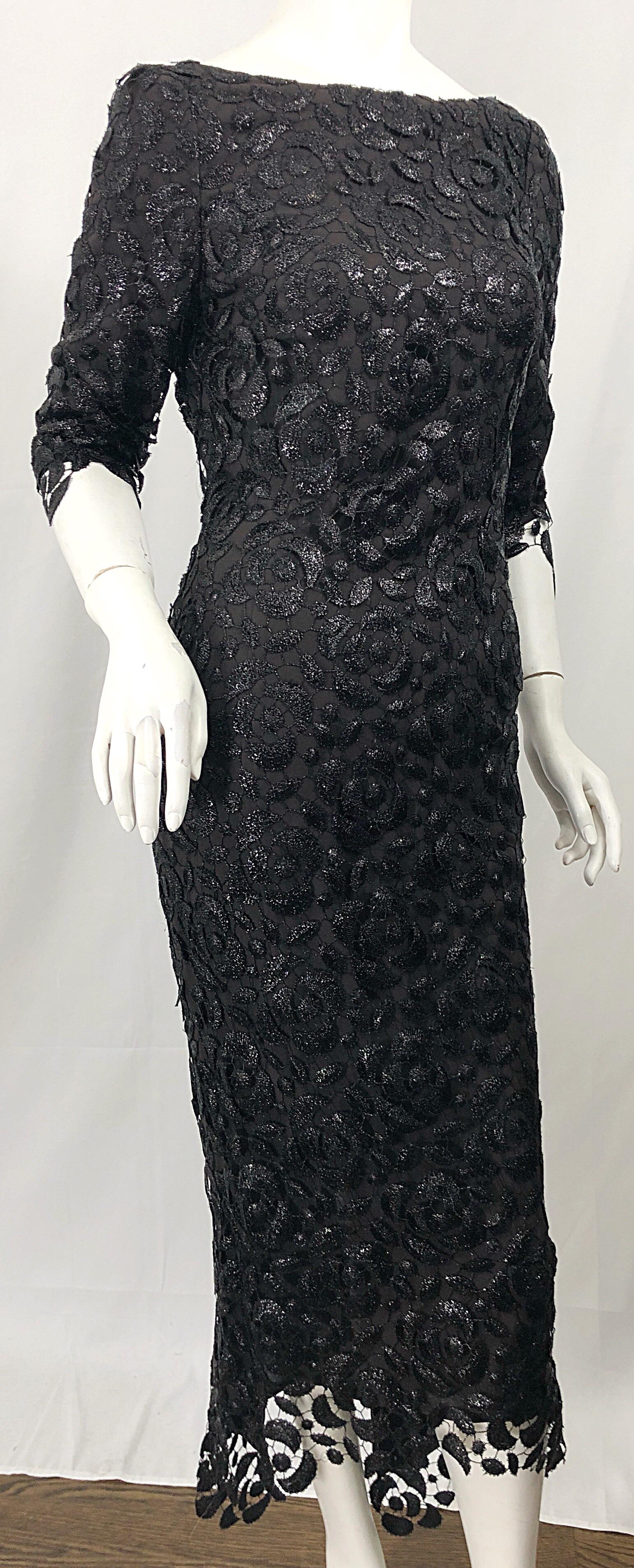 Stunning $10k Vintage Halston Black 3/4 Sleeves Silk Lace Crochet Sz 4 6 Dress 11