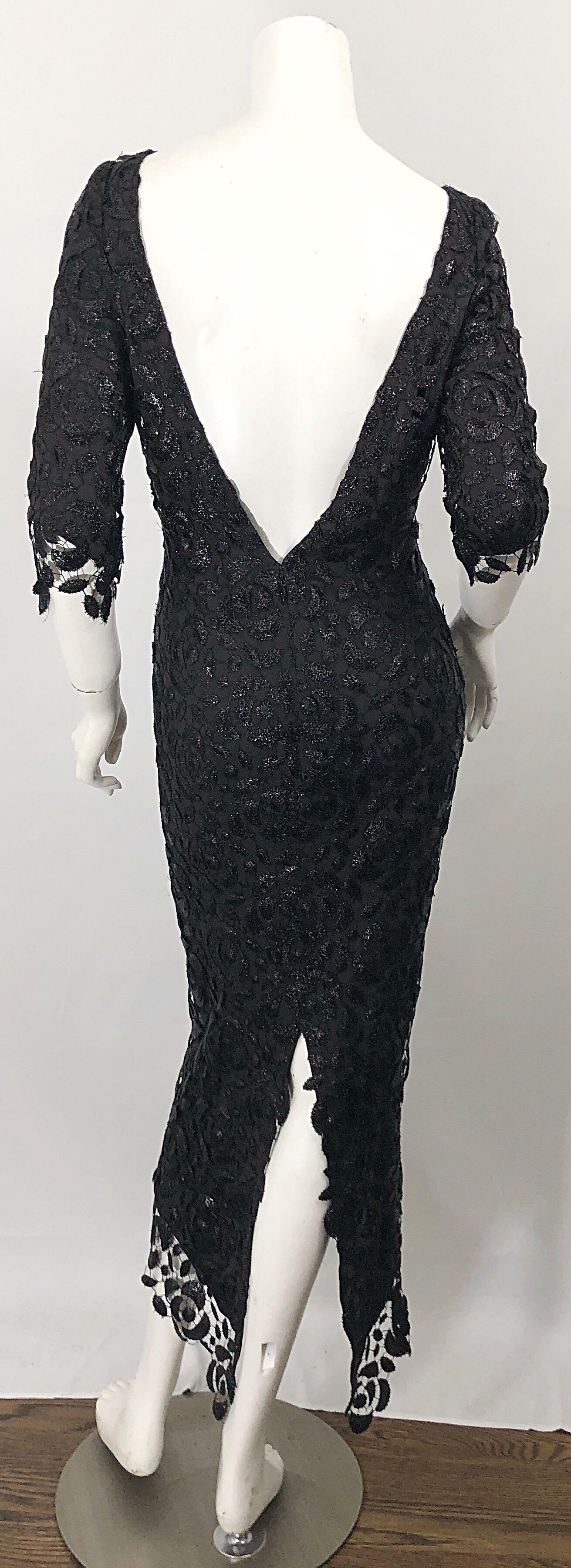 Stunning $10k Vintage Halston Black 3/4 Sleeves Silk Lace Crochet Sz 4 6 Dress 12