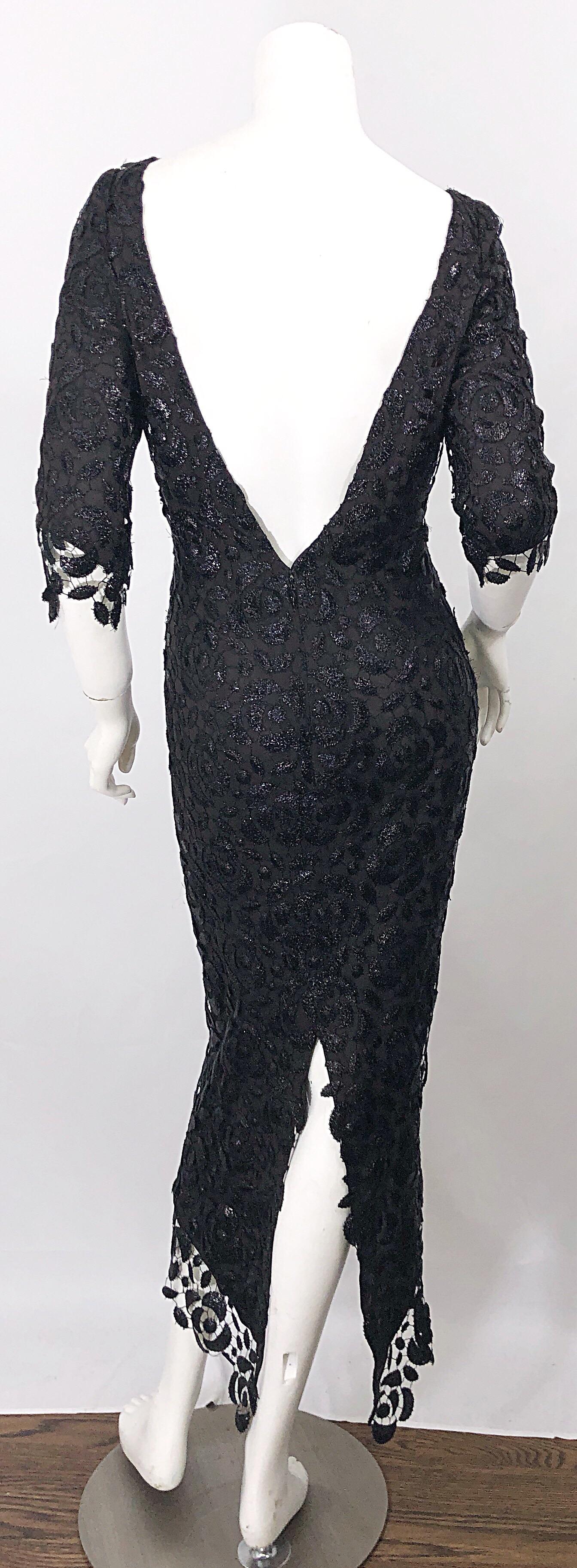 Stunning $10k Vintage Halston Black 3/4 Sleeves Silk Lace Crochet Sz 4 6 Dress (Schwarz)
