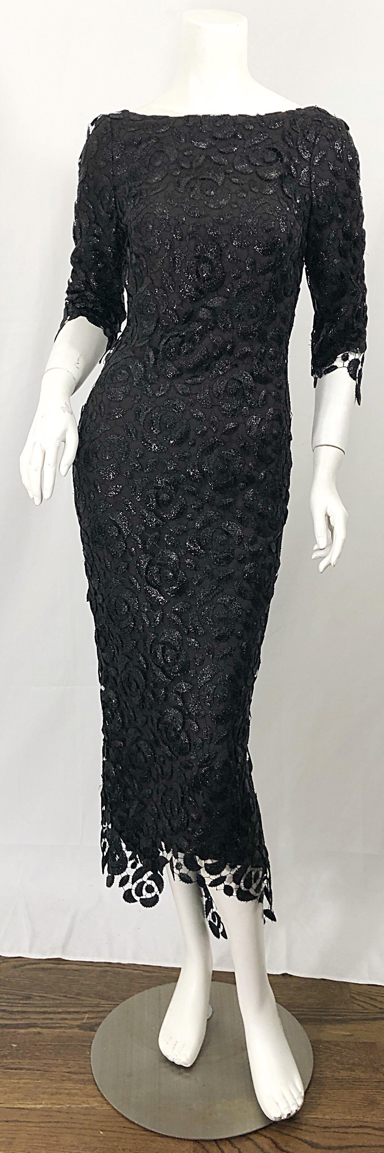 Stunning $10k Vintage Halston Black 3/4 Sleeves Silk Lace Crochet Sz 4 6 Dress im Zustand „Neu“ in San Diego, CA