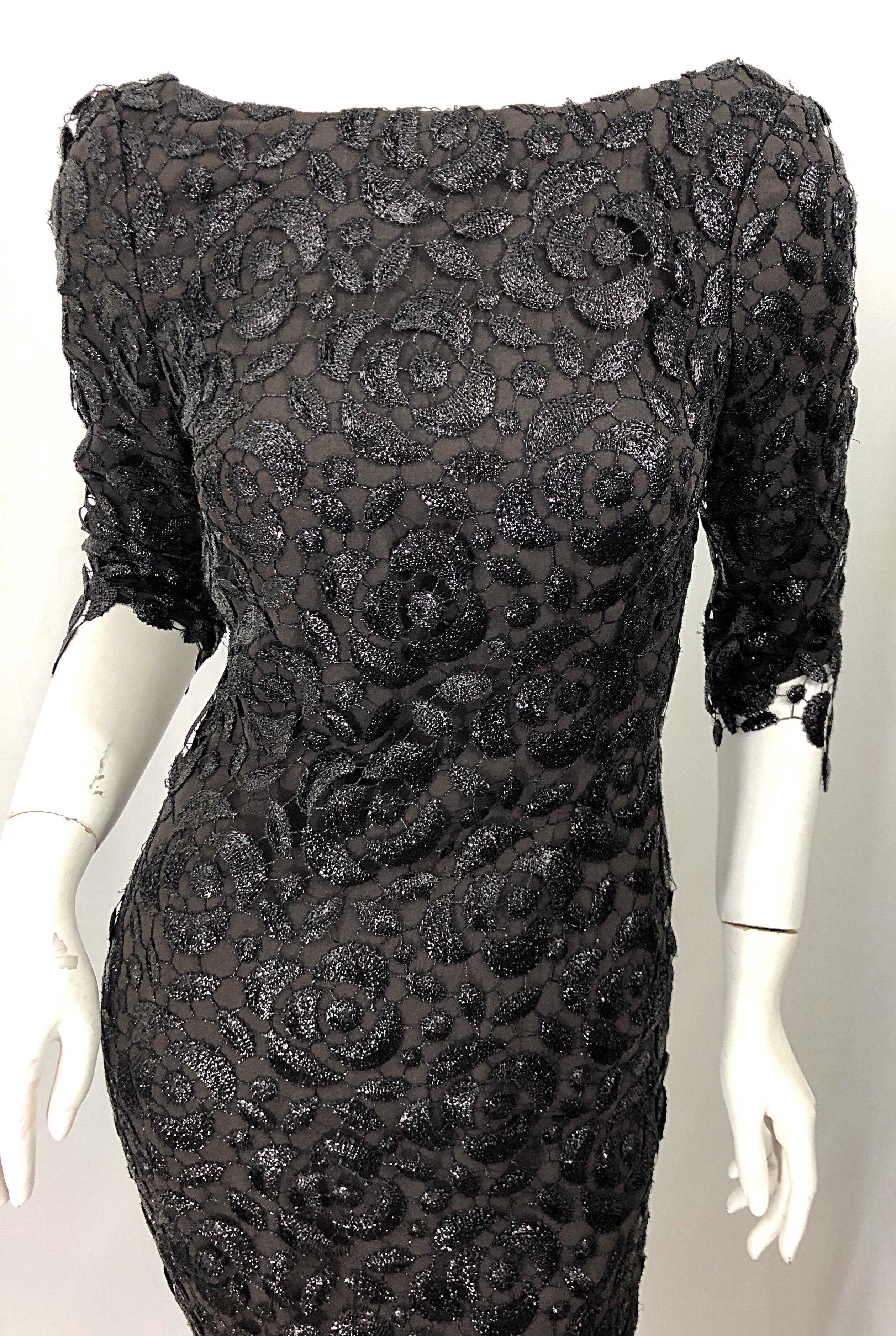 Stunning $10k Vintage Halston Black 3/4 Sleeves Silk Lace Crochet Sz 4 6 Dress Damen