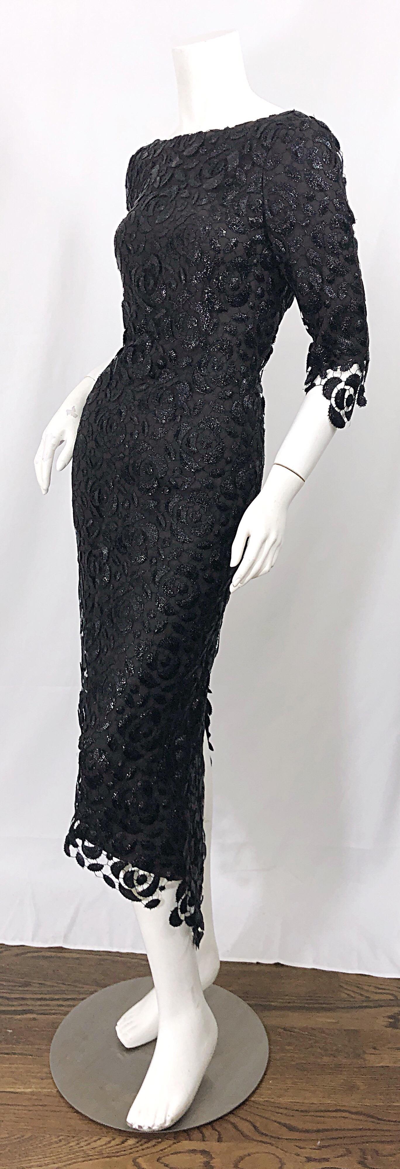 Stunning $10k Vintage Halston Black 3/4 Sleeves Silk Lace Crochet Sz 4 6 Dress 1