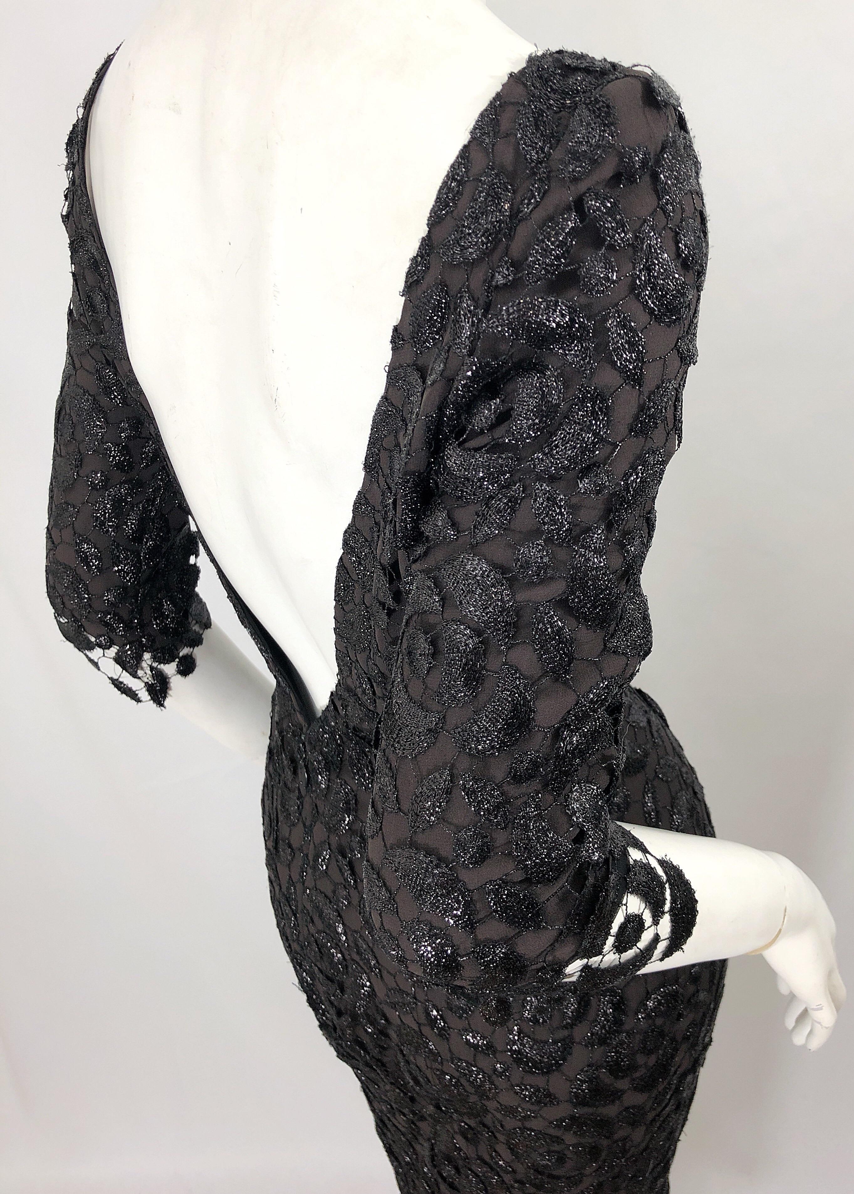 Stunning $10k Vintage Halston Black 3/4 Sleeves Silk Lace Crochet Sz 4 6 Dress 2