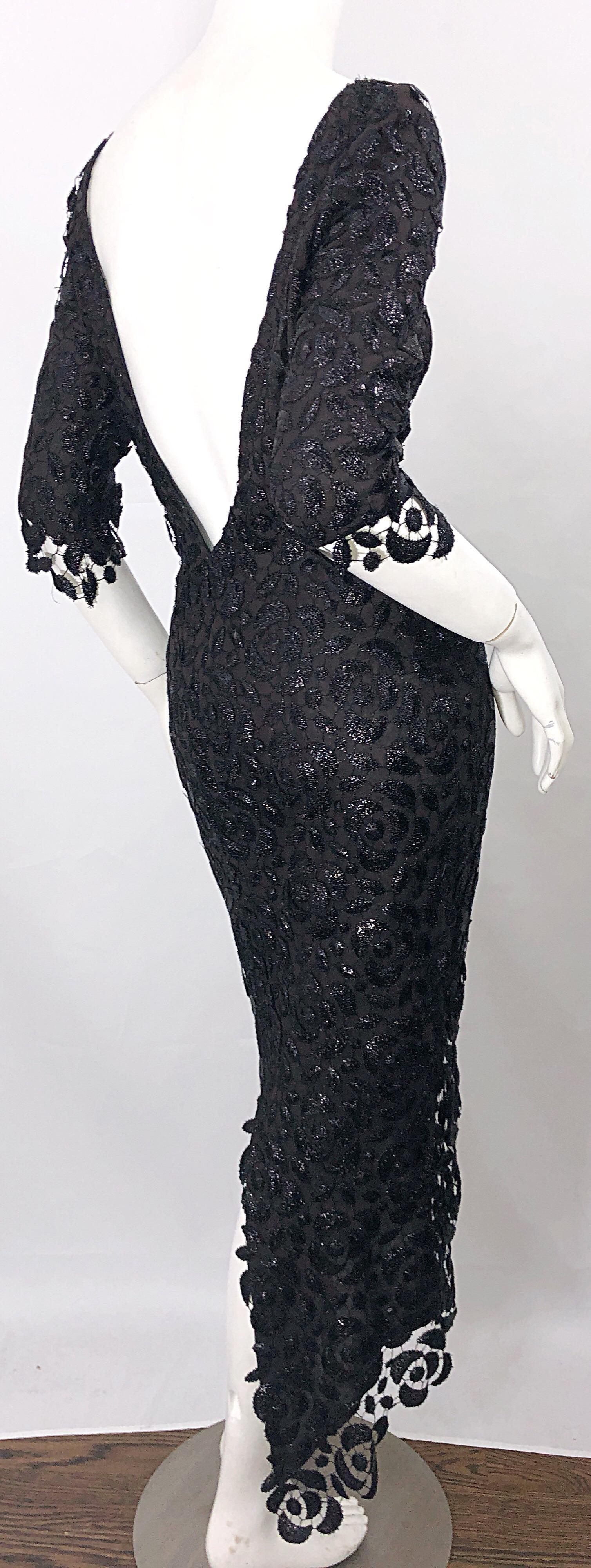 Stunning $10k Vintage Halston Black 3/4 Sleeves Silk Lace Crochet Sz 4 6 Dress 3