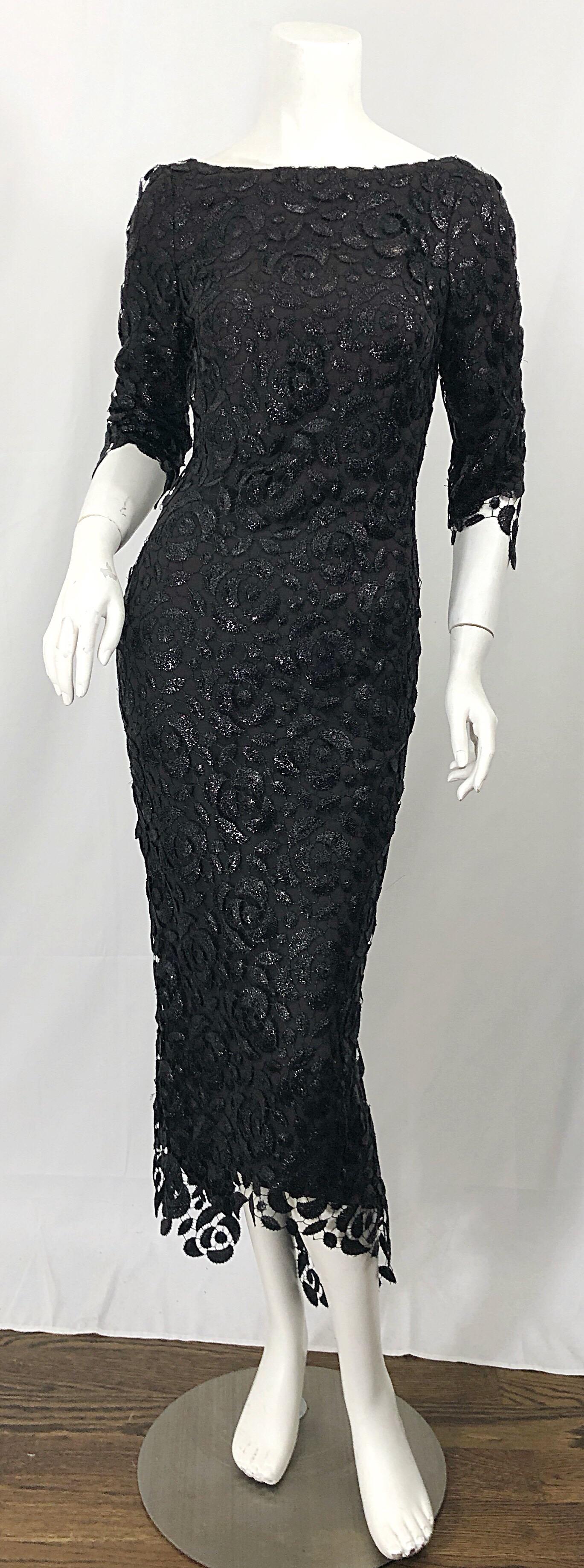 Stunning $10k Vintage Halston Black 3/4 Sleeves Silk Lace Crochet Sz 4 6 Dress 4
