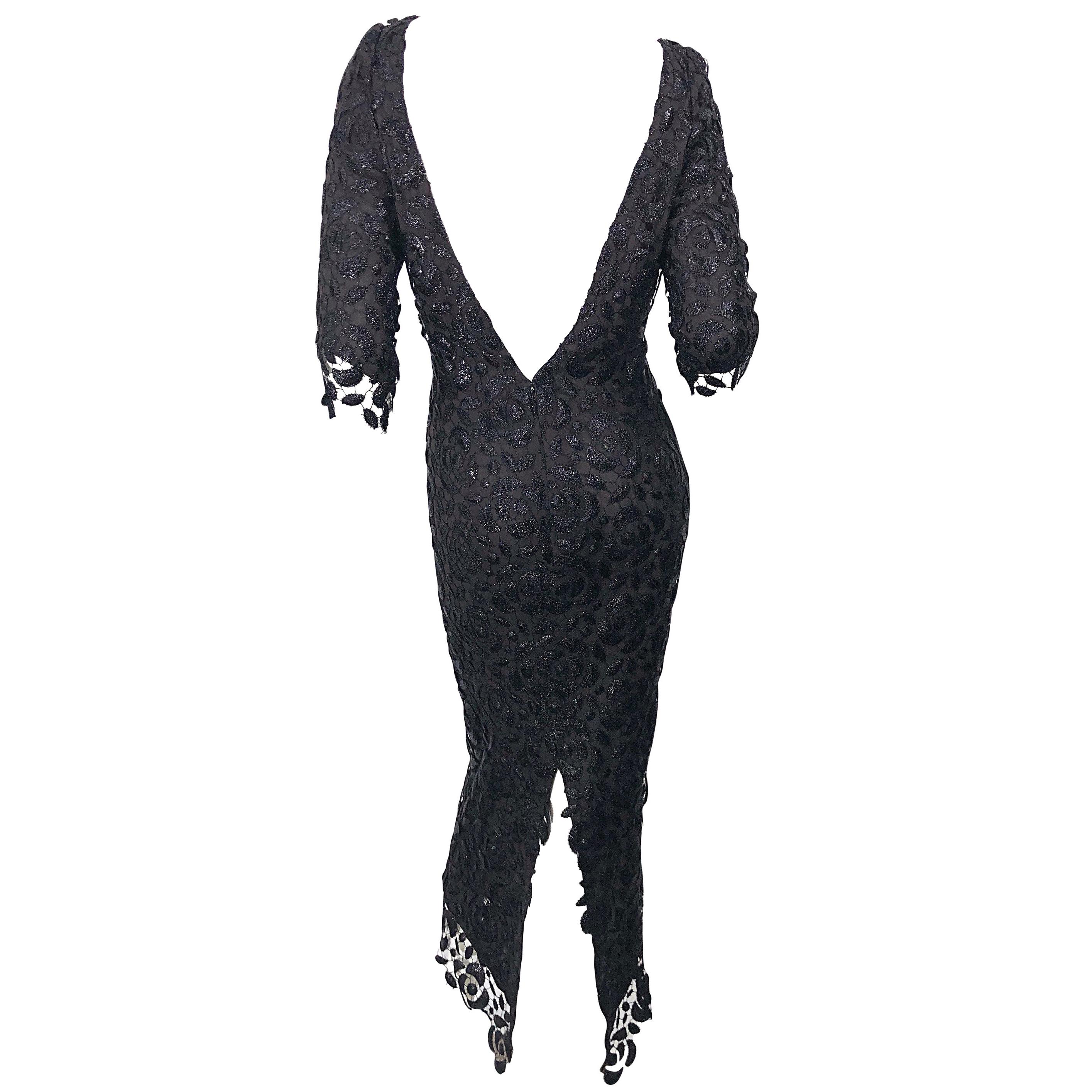 Stunning $10k Vintage Halston Black 3/4 Sleeves Silk Lace Crochet Sz 4 6 Dress