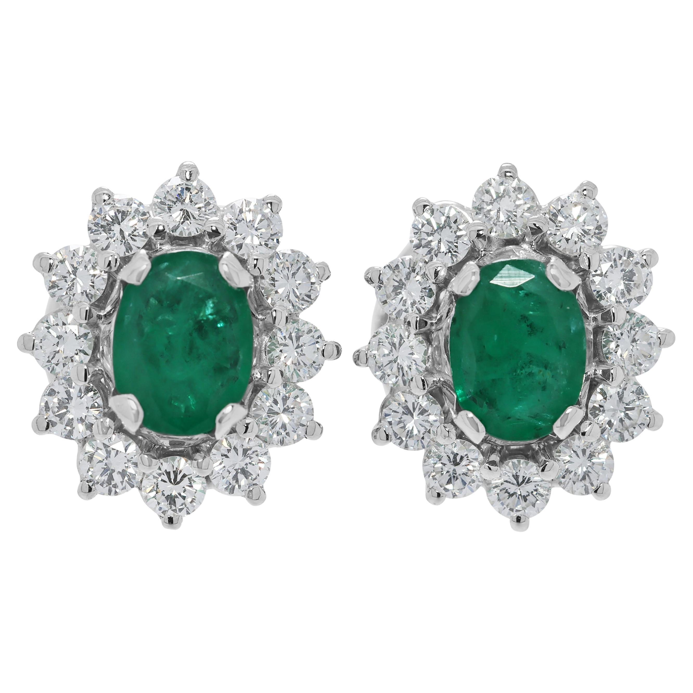 Stunning 11.40ct Emerald & Diamonds Cluster Stud Earrings in 18K White Gold