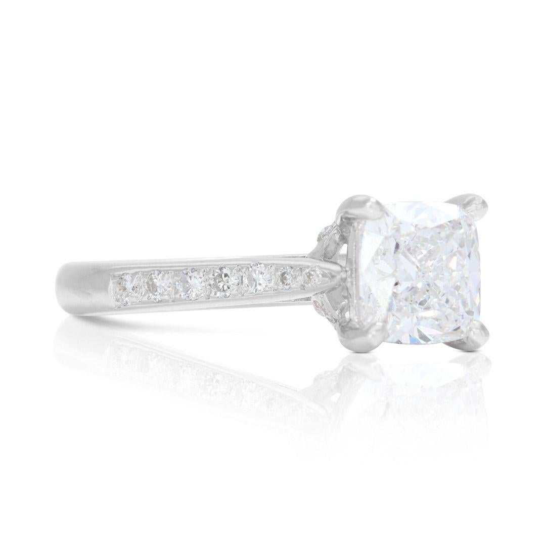 Cushion Cut Stunning 1.16ct Diamond Solitaire Ring with Side Diamonds set in 18K White Gold For Sale