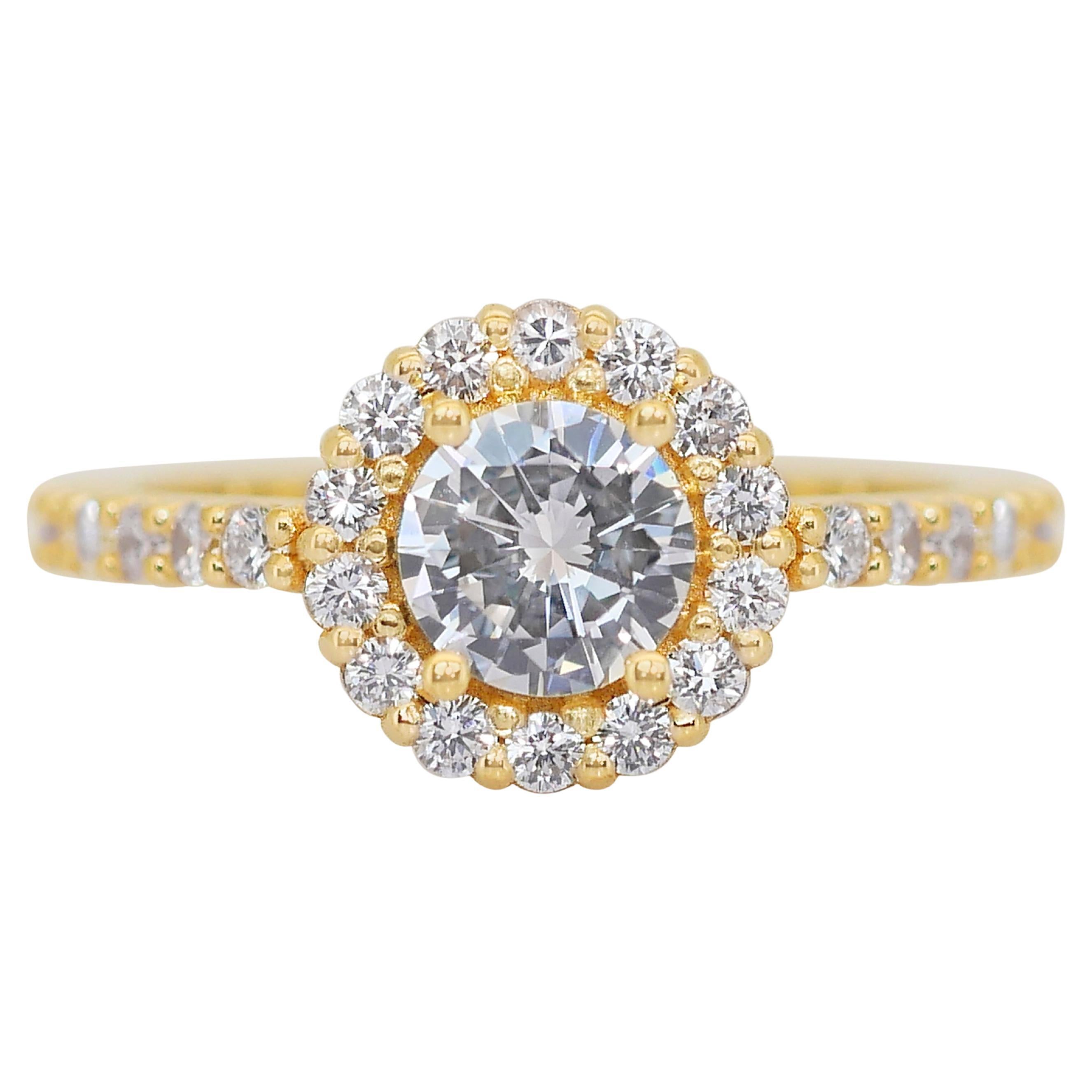 Atemberaubender Halo-Ring mit 1,18 Karat Diamanten aus 18 Karat Gelbgold - IGI-zertifiziert